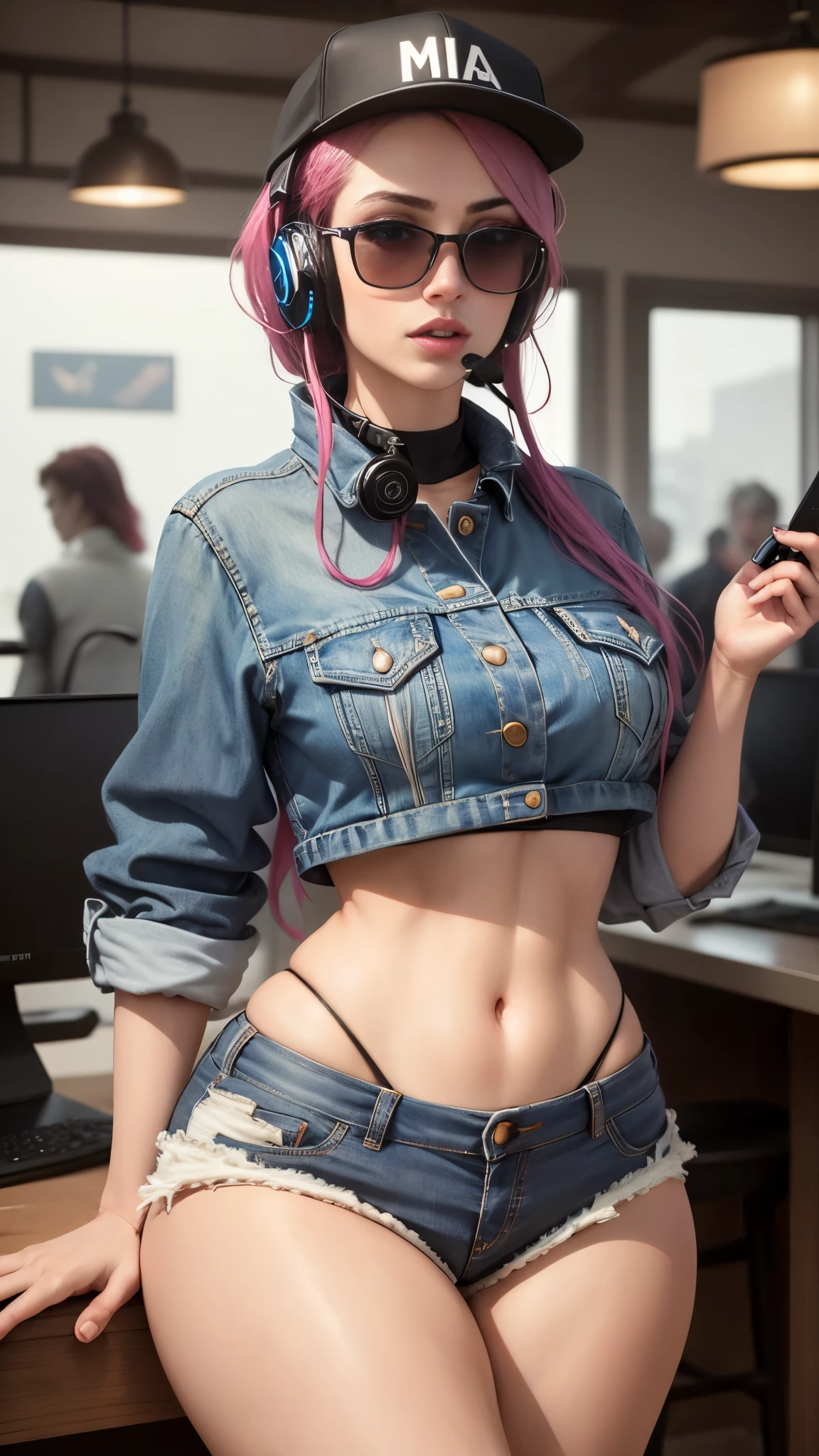 (Realista, high resolution:1.3), 1 com um corpo perfeito, rosto e olhos super finos,cabelo rosa longo, Cores da tampa do tanque vermelho,shorts de golfinho,peito gigante grande enorme,Expor clivagem, peito esbugalhado, peito leitoso, coxas grossas definidas, wide hips open denim jacket black cap wearing sunglasses a brothel and a gaming headset