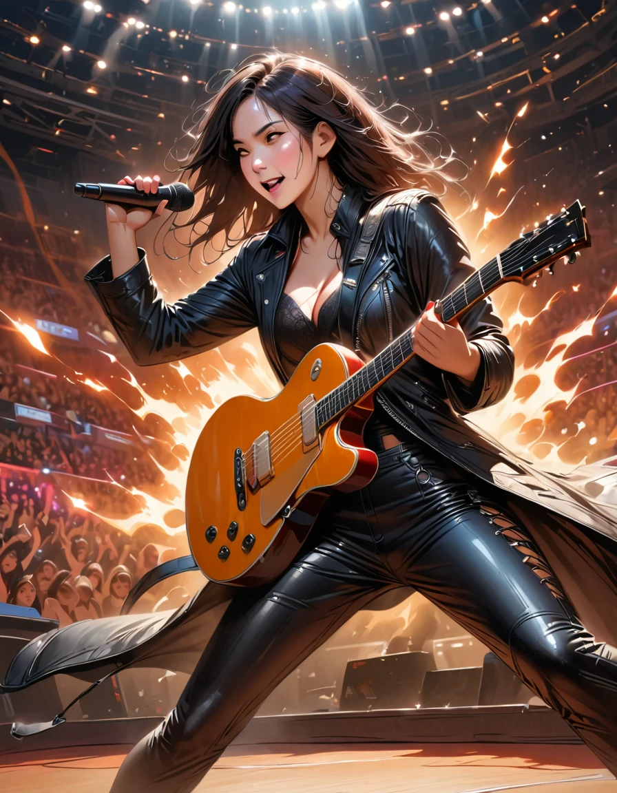 (Best quality,4K,8K,a high resolution,masterpiece:1.2),ultra detailed,(realistic,photorealistic,photo-realistic:1.37),Rockstar,a singer, microphone in hand, Beautiful round face, wide-open eyes sparkling with an internal golden flame, flying very tousled long tousled black hair, heavy long coat made of black leather with silver ornaments ,black leather bra with studs,tight-fitting leather pants with laces along the legs and hips(absolutely no panties), dynamic pose,sparkling silver accent,Spacewalk,hysterical singing,Stage lighting,rebellious,faulty art,bright colors,energetic performance,Electric Atmosphere,Loud music,screaming fans,Huge speakers,fiery explosions,dynamic poses,Smoke and fog effects,expressive face,swirling lights,strobes,dark background,Edgy style,wild hair,microphone stand,distorted guitar sound,rock and roll,star presence,electric guitar solo,huge concert stage,struts around the stage,command presence,emotional intensity,loud and heavy drums,electric energy,stage pyrotechnics,Powerful vocal performance,Filled stadium,thousands of fans,Roaring Crowd,flashing lights,Electric Atmosphere,sweaty and energetic performance,incredible personality,entertainment,standing ovation