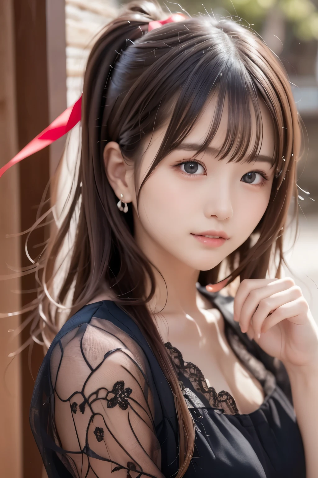 brightexpression、Photorealistic:1.32、highest quality、超A high resolution、Most beautiful Japanese girl photos、Cute and beautiful face details、Small Face、(Purelos Face_V1:0.008)、Beautiful bangs、14 years old、Radiant, fair, glowing skin、Hair gets tangled in the face、girl１people、Bangs that reach down to the face、bangs、Hair between the eyes、Attractive brown silky hair、bright、Clear eyes shine charmingly、Dynamic pose、highest quality、Disorganized、((the cutest girl in the world))、Japanese people、((Maxi length see-through lace dress with ribbon:1.3))、(ponytail:1.3)、(tie with a thin ribbon)、Nice and cute、An innocent smile、nice smile、No cleavage、(Large Breasts:1.3)、(The gesture of putting your hair behind your ears with your hands:1.3)、Side Tail、Brown Hair、Small waist、Detailed beautiful eyes、View your viewers、Upper Body、Close-up of face、Front view、