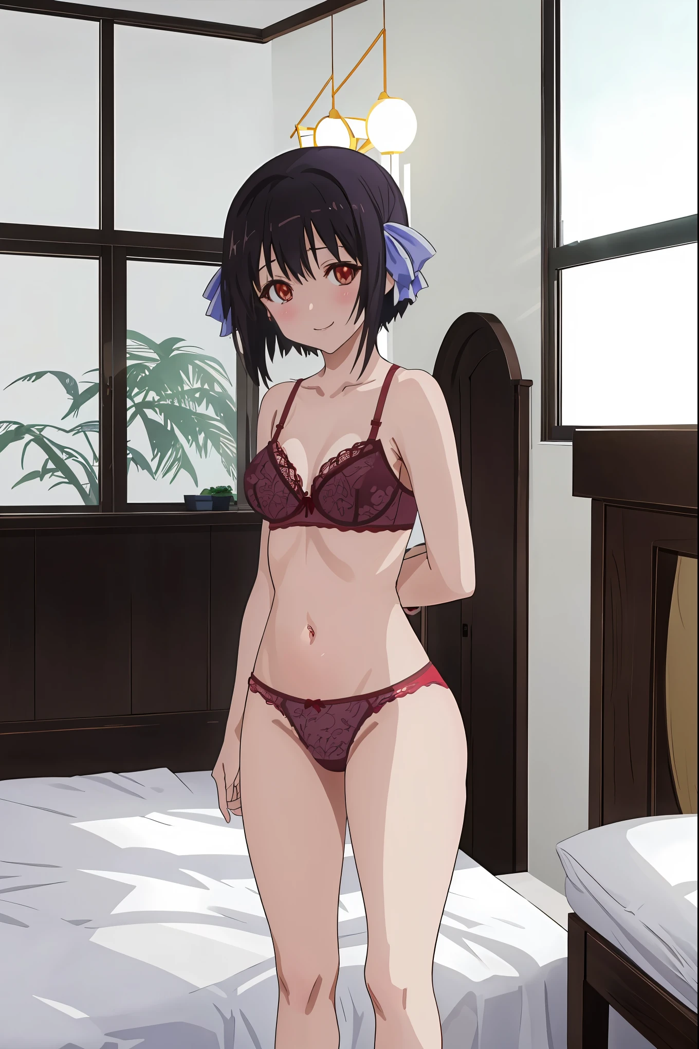 nsfw,Tomomi_Xijing,(red eyes),black hair,Short hair,bob cut,Hair Ribbon,,NSFW,1girl in,(standing),short torso,anime screen cap,Flat color,cel shading,blush,seductive smile,(strong light),((brighten the subject)),[purple floralpanties],[purple floral bra],[perfect anatomy],(lingerie) break background bedroom,bed