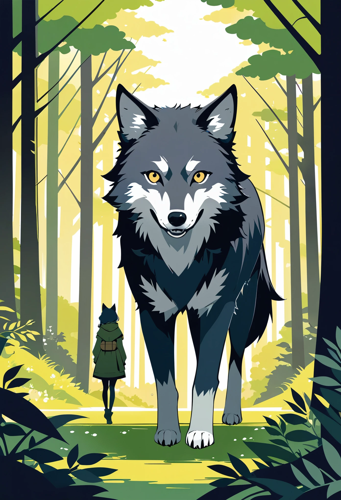 cover page, A girl and a wolf meet in the forest, flat Design, vector illustrations, graphic illustration, detailed 2d illustration, flat illustration, digital illustration, digital artwork,