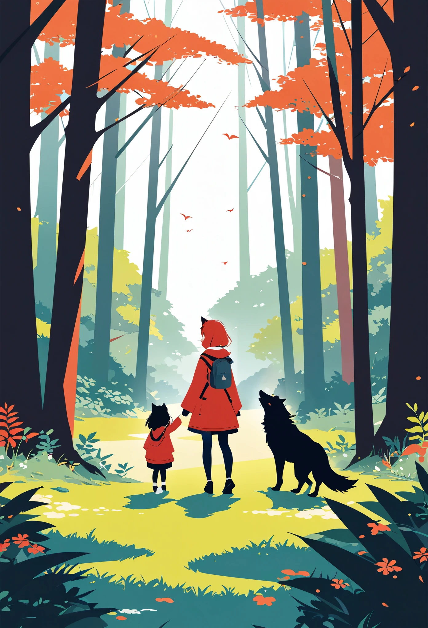 cover page, A girl and a wolf meet in the forest, flat Design, vector illustrations, graphic illustration, detailed 2d illustration, flat illustration, digital illustration, digital artwork,