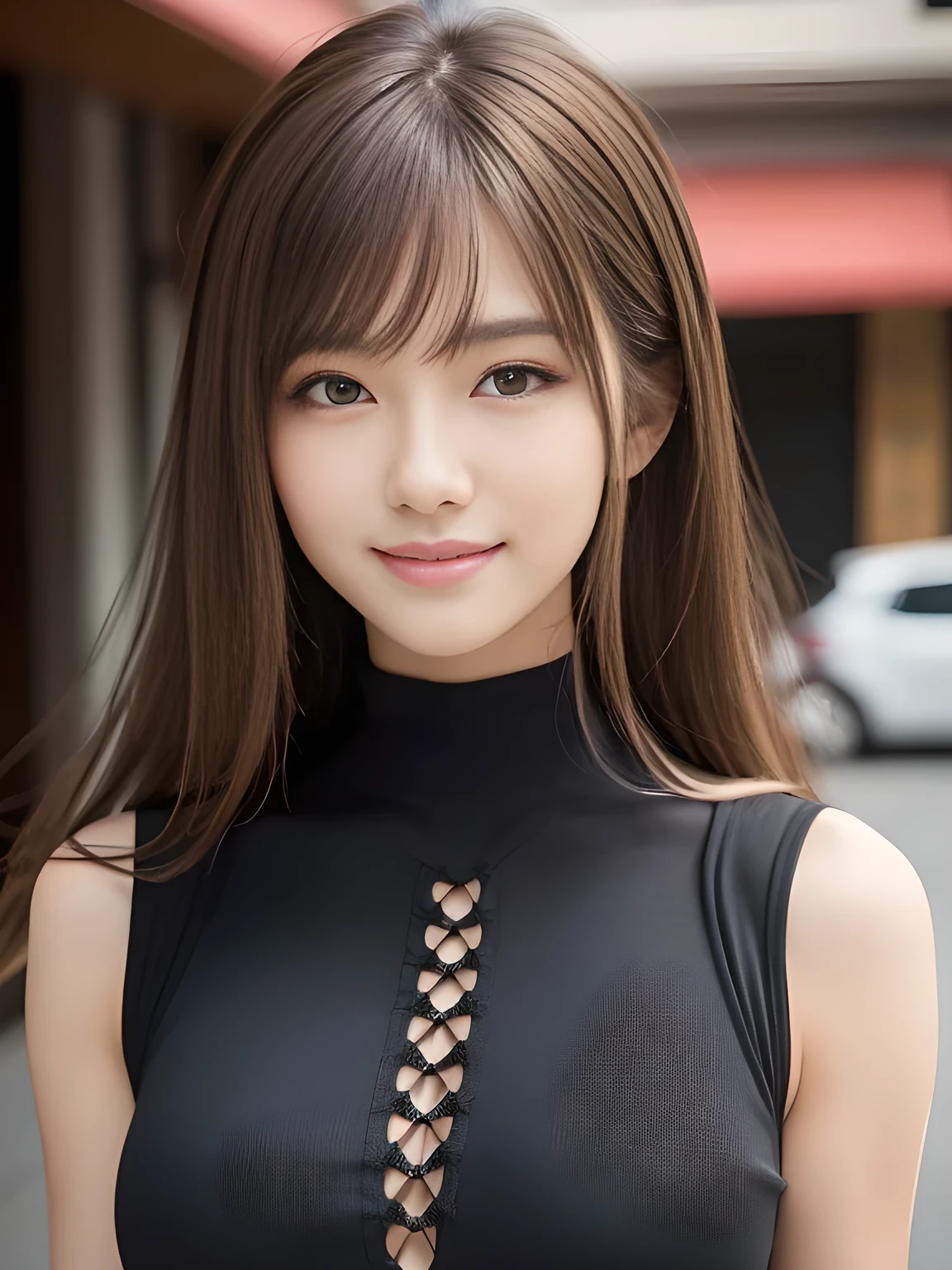 masterpiece, best quality, ultra-detailed, intricately detailed hyperdetailed, realistic, sharp features, highly detailed, sharp focus, (18 years old:1.3), perfect face, perfect symmetrically eyes, perfect full lips, hyper detailed, hyper realistic, high resolution, Fashion Model, Slender, Japanese Idol, brown hair, Stylish, Realistic, Photorealistic:1.3, Beautiful Face, light brown hair, messy hair, Beautiful hairstyle, Neat clothes, (grin), (tight fitting Black tops:1.2),