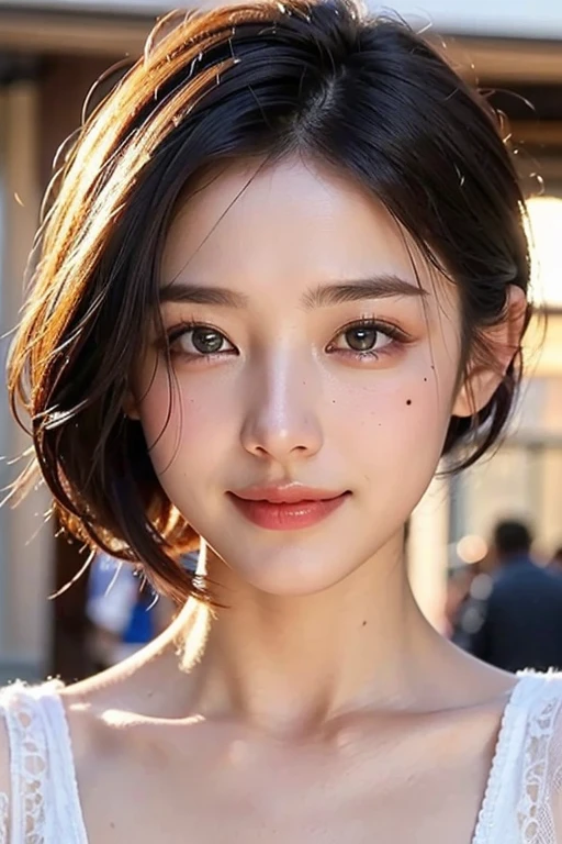 ((8k, highest quality, masterpiece、Realistic、Ultra-high resolution))、((Japanese women))、((Black Short Hair))、(Small breasts)、(((Eye corners are((one))mole)))、((Face is golden ratio))、Beautiful Face、Beautiful Eyes、Delicate face、Focus on the face、glossy、Beautiful face、smile