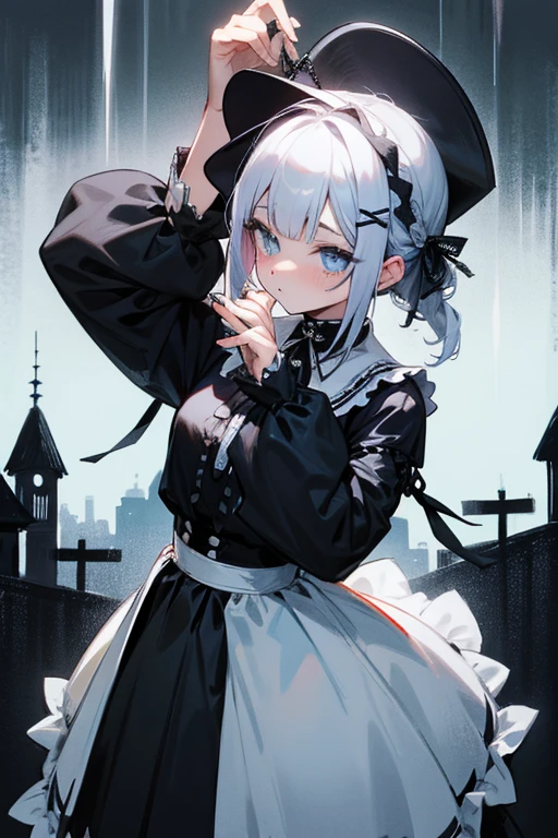 Short white hair, blush, Gothic Lolita、Punk Fashion、Headbang 2.、Blue and black clothes、Braiding、2 hair clips、Tie your hair up、