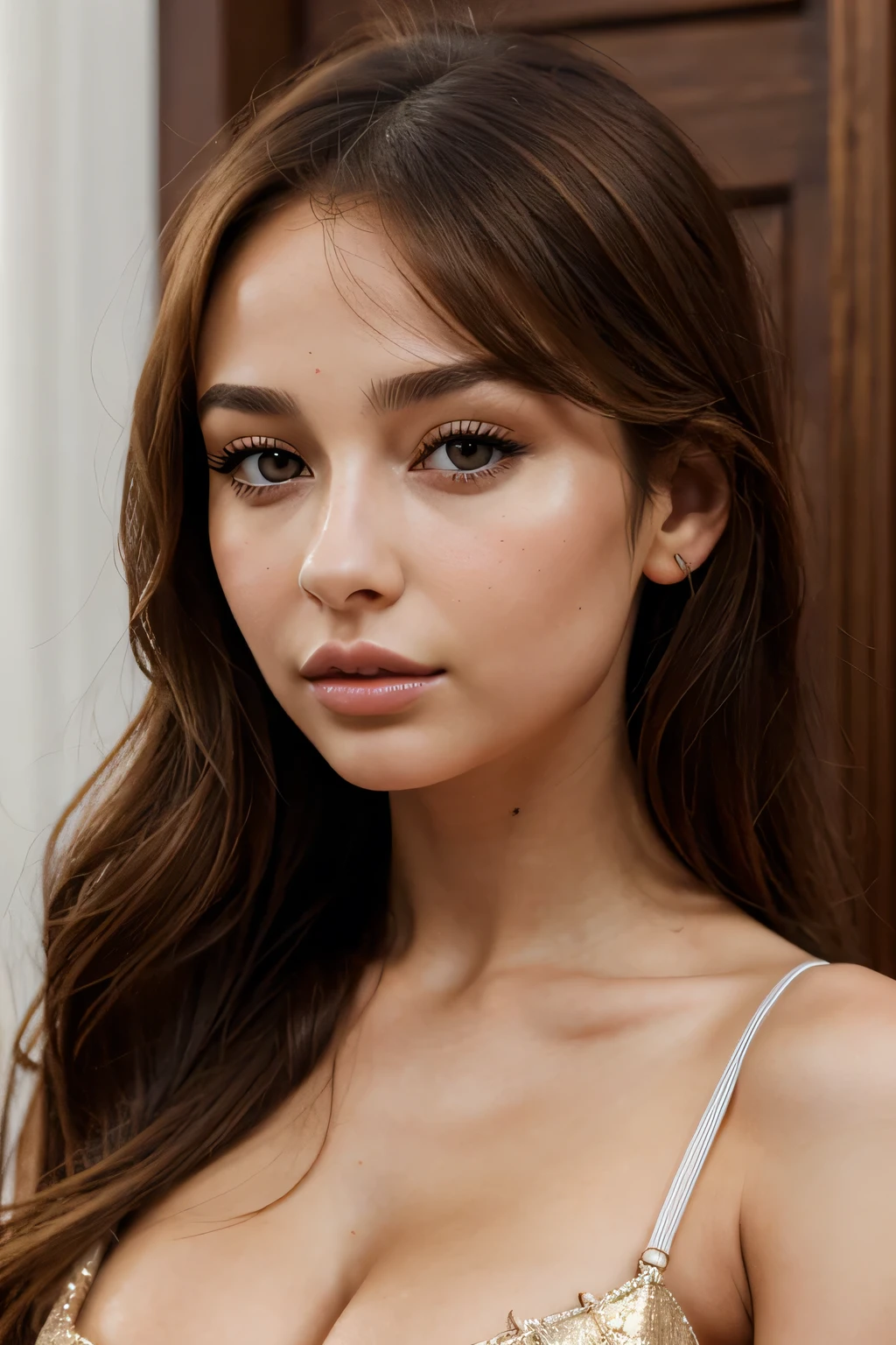 arafed femme pleinement , fille sexy aux yeux marrons, ultra realistic, Meticulously detailed, Portrait de Sophie Mudd, cheveux bruns et grands yeux, selfie d'une jeune femme, Yeux de chambre, violette myers, sans maquillage, maquillage naturel, regarder directement la caméra, visage avec artgram, maquillage subtil, superbe photo de tout le corps à genoux sur le lit, dans la chambre, Medium to large bust