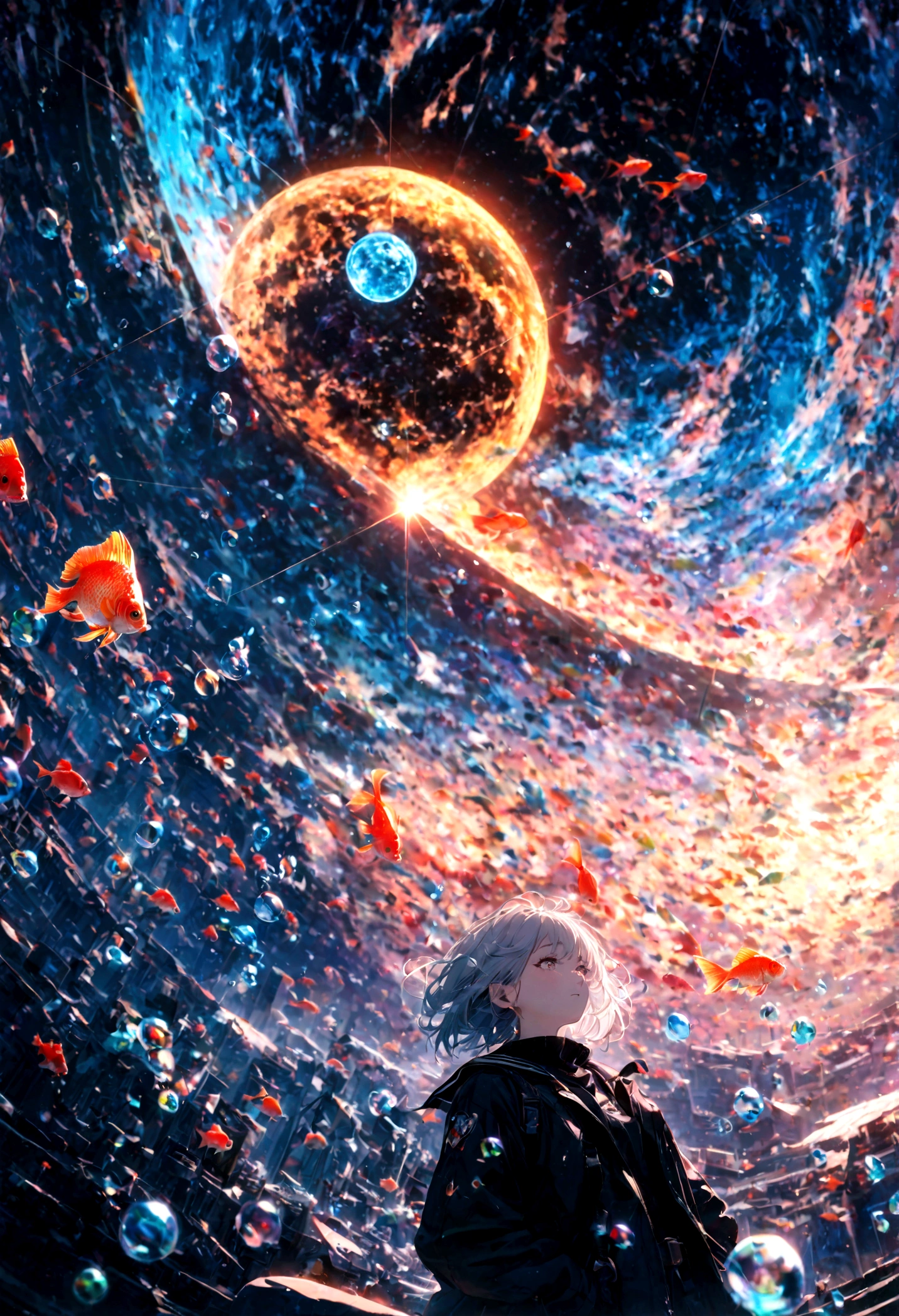 (woman\(student, 15 years old, JK, short hair, Silver Hair, Flowing hair, Cosmic eyes, Black sailor suit\(high school\), Pale skin, Tired face, Eyes without luster\) look up to the sky), (Many goldfish swimming in the air), Beautiful sky, Beautiful clouds, In summer,Colorful flowers blooming everywhere, (Crystal clear bubbles sparkle in the sky), Midday moon and midday stars in the sky, woman is at messy downtown, rest ,quality\(8K,極為細緻的CG單元wallpaper, masterpiece,High resolution,top-quality,top-quality real texture skin,Surrealism,Improve resolution,RAW photos,Best quality,Very detailed,wallpaper,movie lighting,Ray Tracing,Golden Ratio\),(long shot),Wide-angle lens,