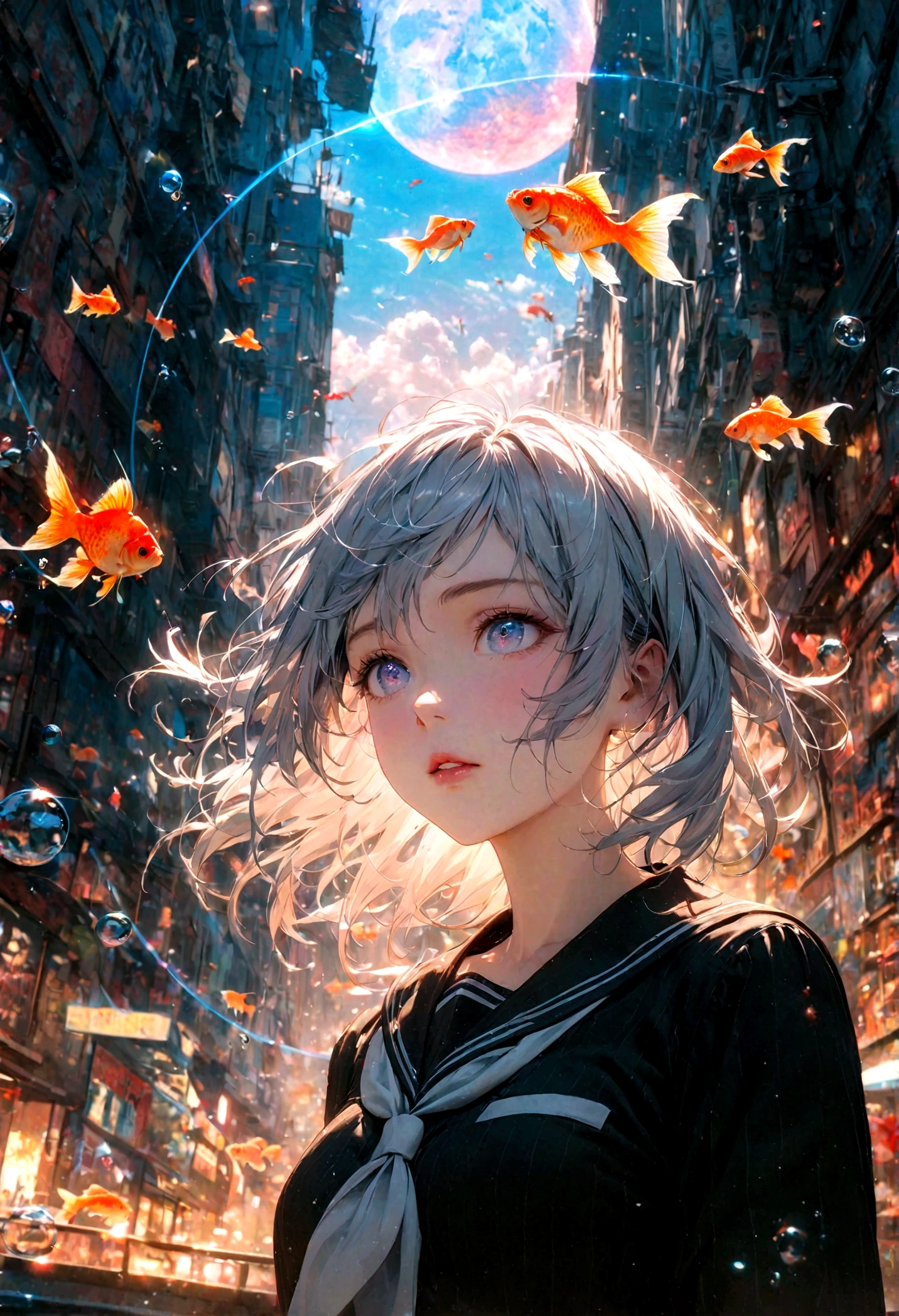 (woman\(student, , JK, short hair, Silver Hair, Flowing hair, Cosmic eyes, Black sailor suit\(high school\), Pale skin, Tired face, Eyes without luster\) look up to the sky), (Many goldfish swimming in the air), Beautiful sky, Beautiful clouds, In summer,Colorful flowers blooming everywhere, (Crystal clear bubbles sparkle in the sky), Midday moon and midday stars in the sky, woman is at messy downtown, rest ,quality\(8K,極為細緻的CG單元wallpaper, masterpiece,High resolution,top-quality,top-quality real texture skin,Surrealism,Improve resolution,RAW photos,Best quality,Very detailed,wallpaper,movie lighting,Ray Tracing,Golden Ratio\),(long shot),Wide-angle lens,
