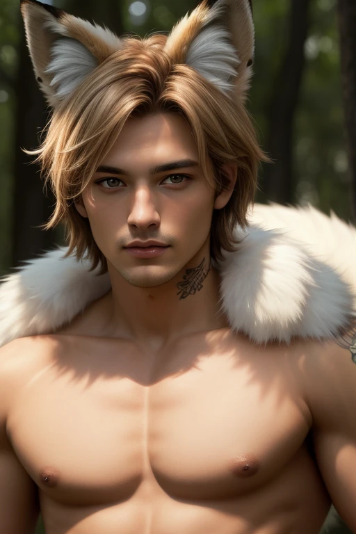 4k, high resolution, best quality, masterpiece, perfect color, perfect shade, perfect lighting, Posted by e621, ((portrait)), ((handsome man)), perfect male figure, Short hair details， torso，Detailed face, perfect face, (stood up), Detailed background, ((Bonifasco Lighting)), (delicate eyes),(animal ears：fox)，((big fluffy tail))，tattoo，((forest))，emaciated