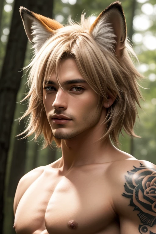 4k, high resolution, best quality, masterpiece, perfect color, perfect shade, perfect lighting, Posted by e621, ((portrait)), ((handsome man)), perfect male figure, Short hair details,Naked torso,Detailed face, perfect face, (stood up), Detailed background, ((Bonifasco Lighting)), (delicate eyes),(animal ears:fox),((big fluffy tail)),tattoo,((forest)),emaciated