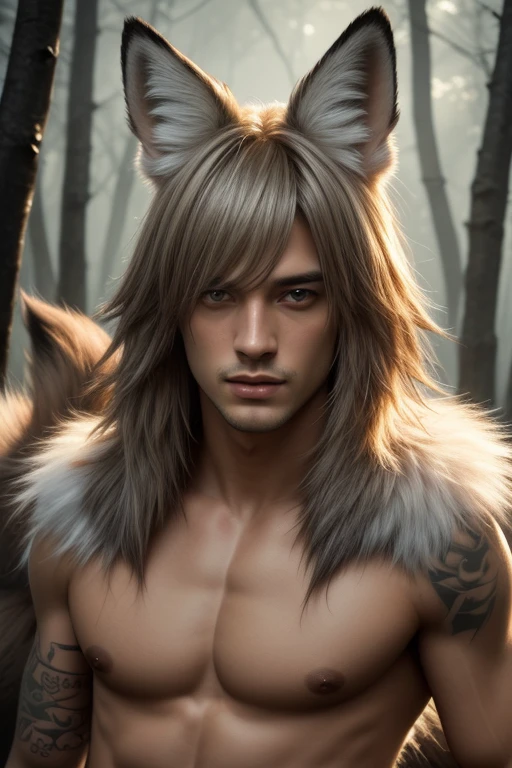 4k, high resolution, best quality, masterpiece, perfect color, perfect shade, perfect lighting, Posted by e621, ((portrait)), ((handsome man)), perfect male figure, Short hair details,Naked torso,Detailed face, perfect face, (stood up), Detailed background, ((Bonifasco Lighting)), (delicate eyes),(animal ears:fox),((big fluffy tail)),tattoo,((forest)),emaciated