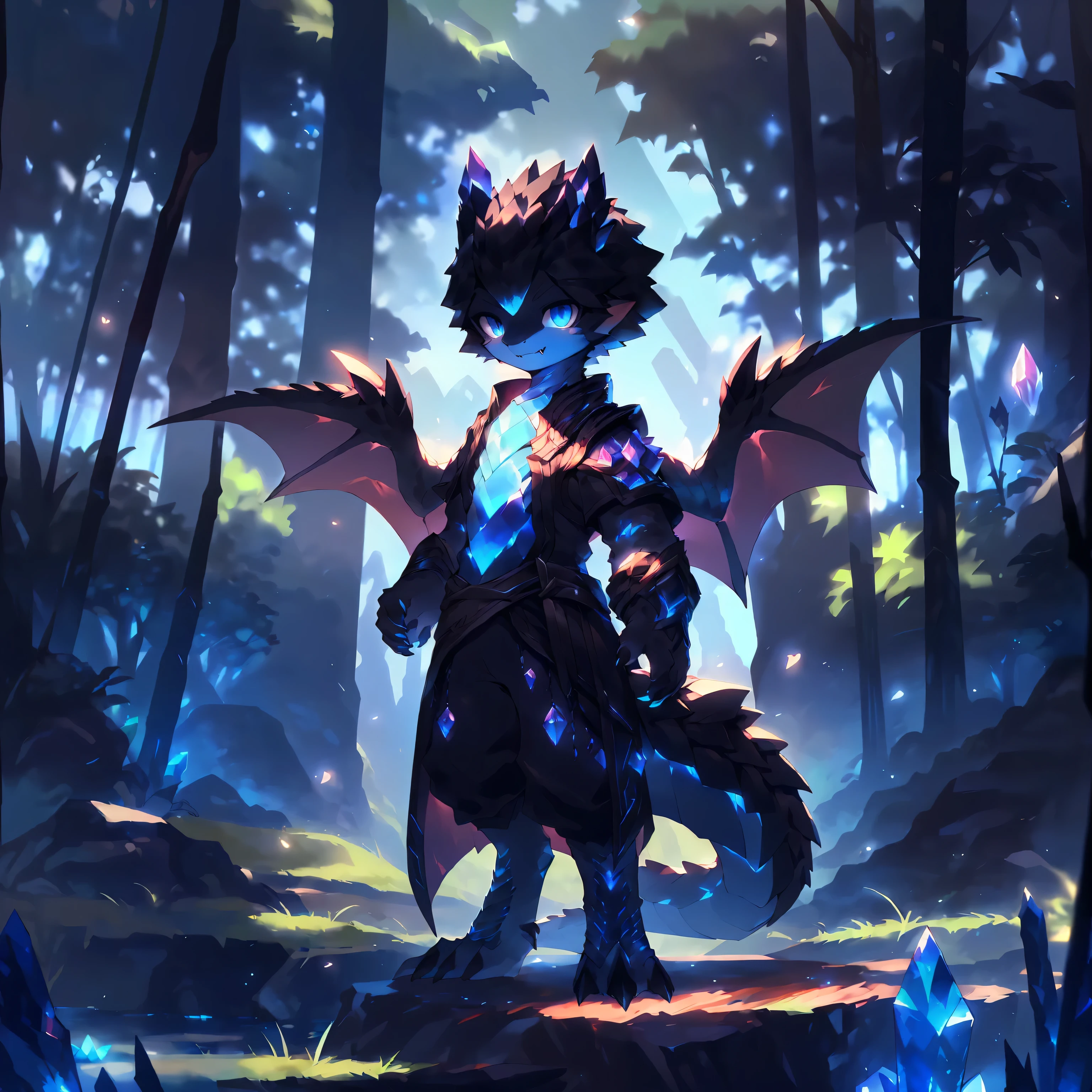 ((best quality, masterpiece:1.2), ultra-detailed, Perfect anatomy, Nagacuga Shota, wyvern,Crystal scale skin,monster hunter, assassins, Standing in the shadows, (solo), solo, lightand shade contrast, dark, Dense woods, trees, plants, Tall grass, Rochas, mossy, block the sun, Dark environment, Intricate details, Soft lines, facial feature, Human face, human head, Crystal Dragon Horn, Short blue-black hair, Bend the blade, facial details, Detailed eyes, background blur, Character close-upToggle edges, Wings, Digitigrade, Sharp fangs, Dragon claws, full body scale, Cheek scales),, highres, Masterpiece, Best quality, 16k