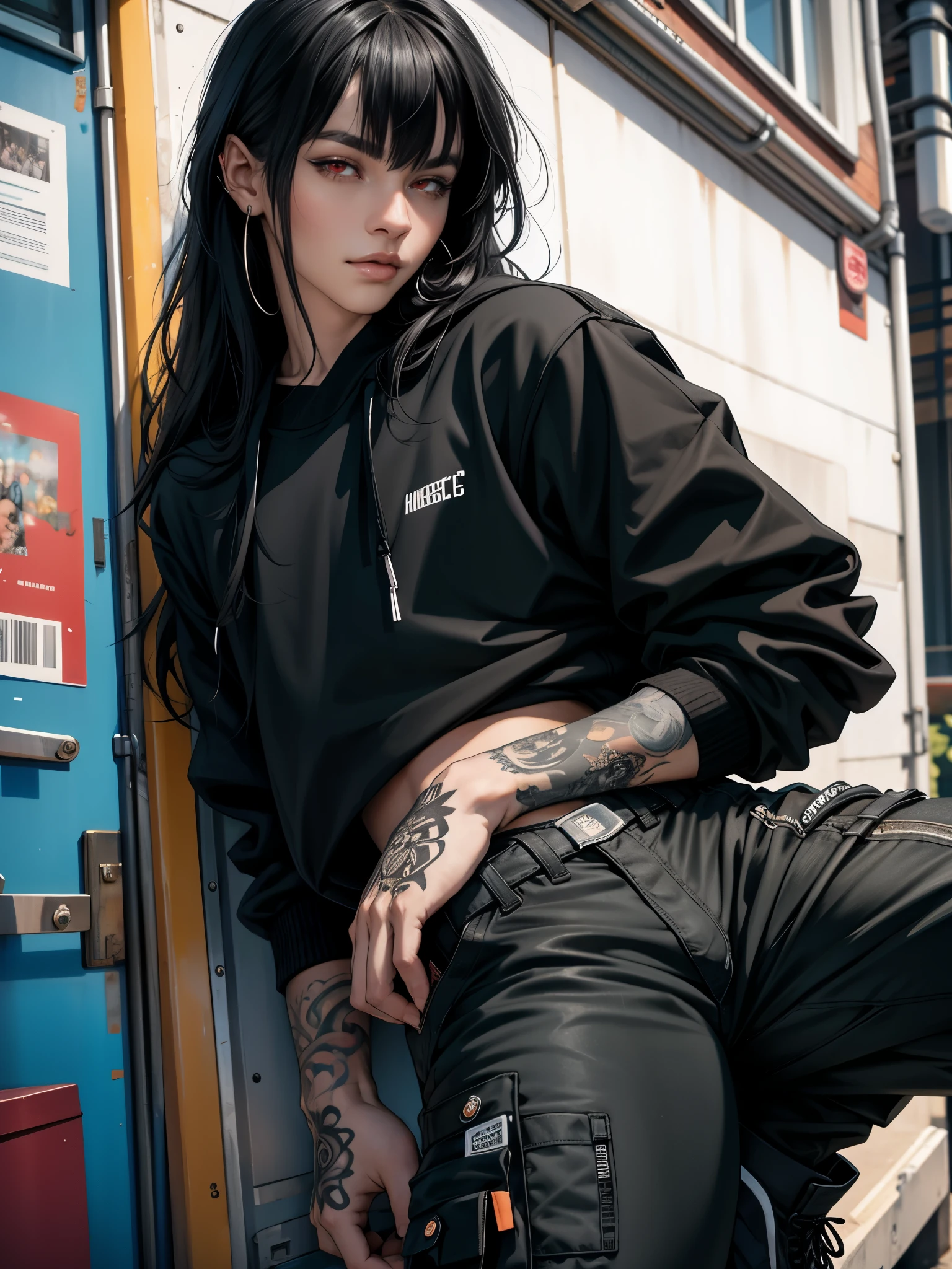 a photo of Henrik Sanyi, he is a delicate 20-year-old boy, fair skin, long black hair with bangs, piercings, tattoos, thick thighs, wearing a crepe sweatshirt, cargo pants, looking at the camera,Camera very close