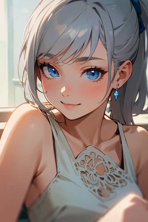 (masterpiece: 1.2, highest quality), (Actual Photos, Intricate details), 1. woman, alone, Upper Body, casual, Shoulder-length hair, Minimal makeup, Natural materials, Face close-up, smile, Home, Gray Hair, blue eyes, Shoulder Bare、ponytail、Swimwear、