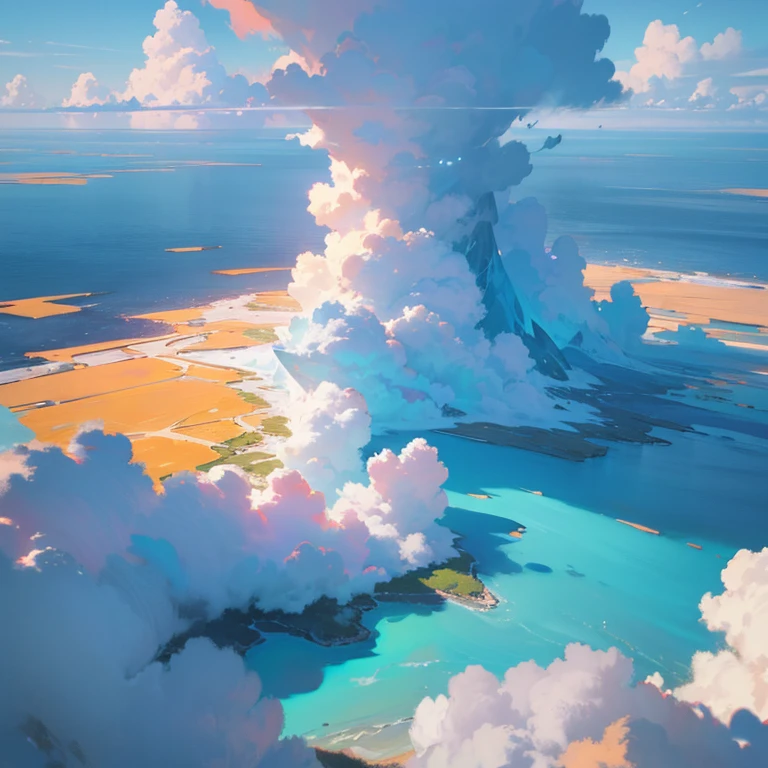 a floating cloud in the middle of a beautiful ocean, axonometric view, aerial view, serene, calm, peaceful, wispy, ethereal cloud, crystal clear ocean, turquoise blue water, breathtaking scenery, dramatic lighting, high contrast, (best quality,4k,8k,highres,masterpiece:1.2),ultra-detailed,(realistic,photorealistic,photo-realistic:1.37),dramatic lighting,cinematic composition,stunning vista,nature landscape