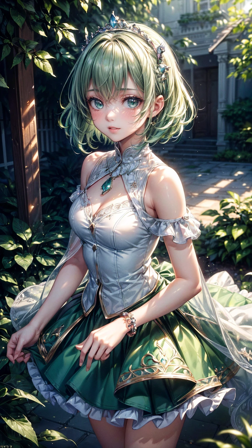 1girl, (((a portrait of the most beautiful girl))), (beautiful face), ultra detailed lips, (beautiful lips), ultra detailed eyes, (beautiful eyes), detailed hair, (beautiful hair), (beautiful neatly styled hair), (small breast), (small vagina), (beautiful ideal proportion body), beautiful detail body, best quality, masterpiece, ultra-high quality, ultra-high resolution, HDR, 8K, cinematic lighting, detail shadows, intricate shadow, Ray tracing, film grain, glare, bokeh, wind, look at viewer, Sharp focus, (hyperdetailed:1.15), (cowboy shot:1.5), (standing), solo, beautiful angle body facing side way in front of the viewer, beautiful Light green hair, short hair, (Bangs longer than shoulders), (beautiful white button shirt), Light green blazer, (beautiful Light green tiara on head), beautiful smile, (at a Beautiful fancy modern mansion garden background), (Beautiful neat fancy modern plants garden surrounding), (beautiful outside day light time surrounding), (beautiful very tight press body clothes), (Crop out open burst clothes), (Crop out open burst side body clothes), (beautiful fancy modern Pendant Necklace), (beautiful fancy modern gemstone bracelets)