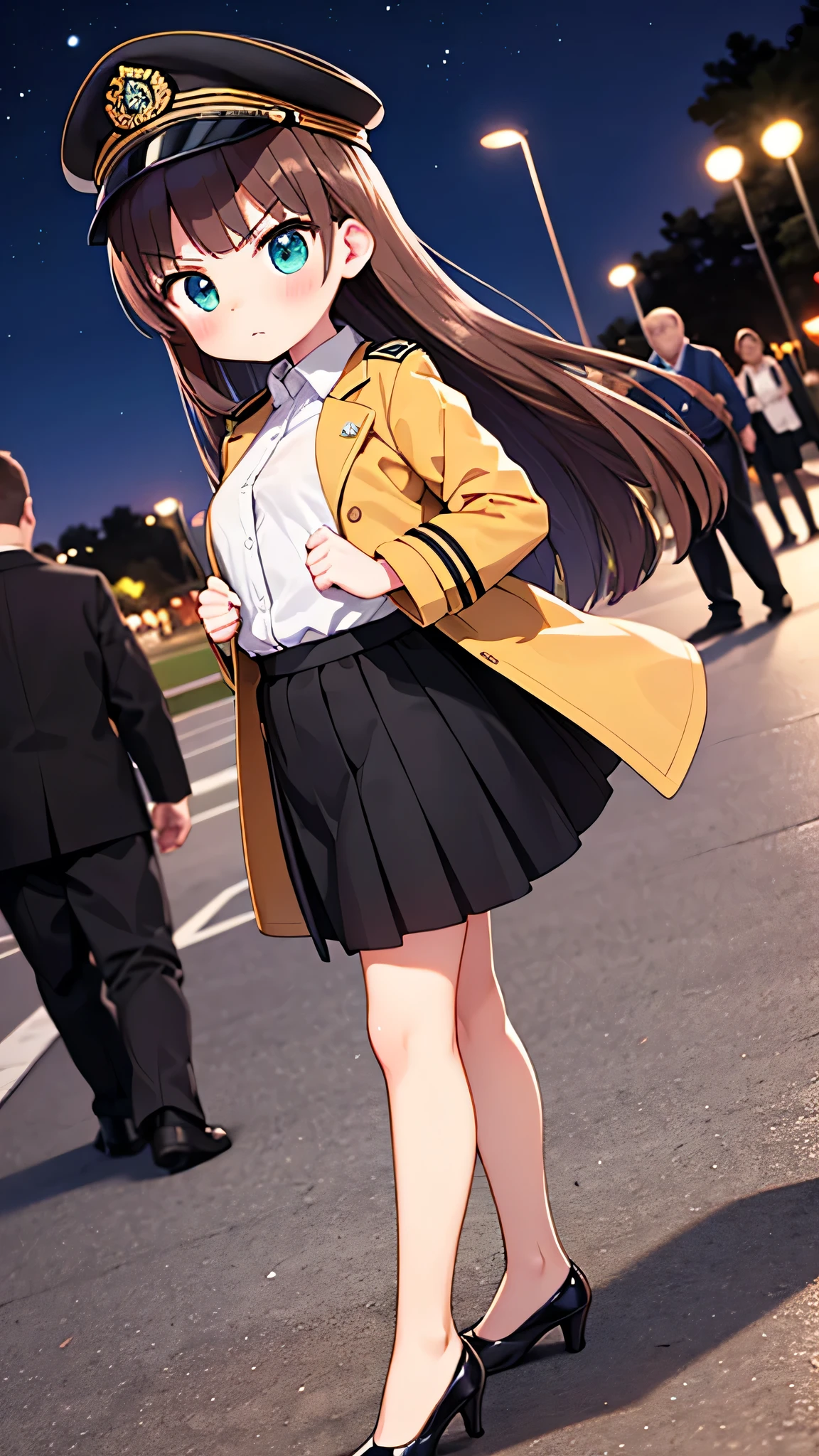 {highest quality], [Super beautiful], [Ultra fine], [Best illustration], NSFW,Brown Hair, Hime cut, Long Hair, With bangs, girl, Uniform cap,Security uniform, Angry face, blush, Slender women,coat,Long straight skirt,Standing posture,(Public）Night Park, From an angle, Bare feet and pumps, Plain black pumps
