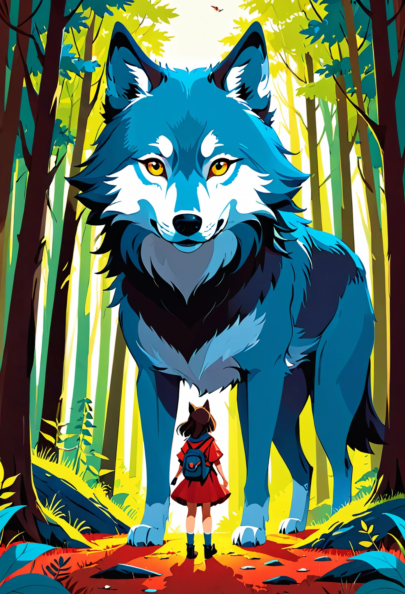 cover page, A girl and a wolf meet in the forest, flat Design, vector illustrations, graphic illustration, detailed 2d illustration, flat illustration, digital illustration, digital artwork,