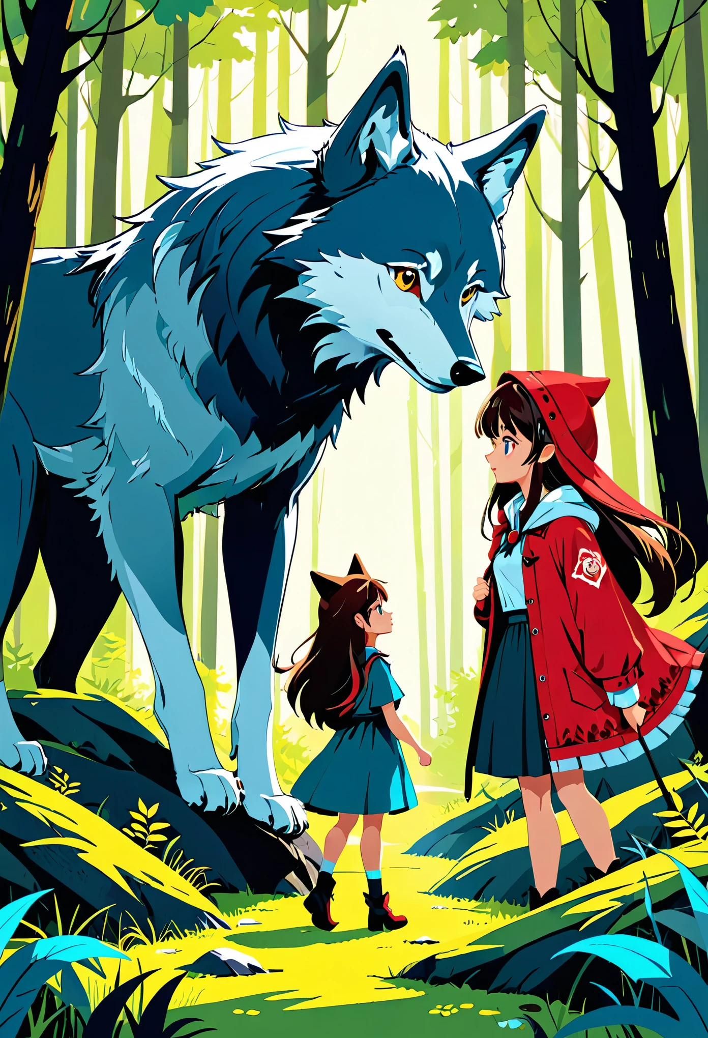 cover page, A girl and a wolf meet in the forest, flat Design, vector illustrations, graphic illustration, detailed 2d illustration, flat illustration, digital illustration, digital artwork,