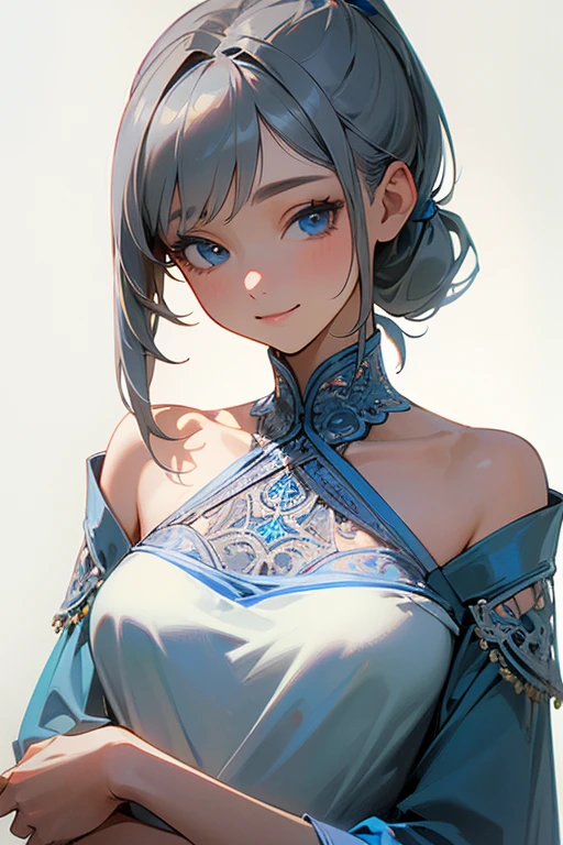 (masterpiece: 1.2, highest quality), (Actual Photos, Intricate details), 1. woman, alone, Upper Body, casual, Shoulder-length hair, Minimal makeup, Natural materials, Face close-up, smile, Home, Gray Hair, blue eyes, Shoulder Bare、ponytail、Swimwear、