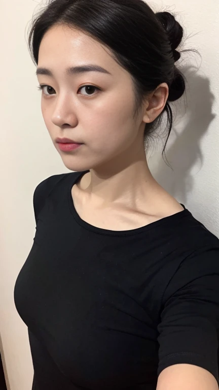 high quality,masterpiece,Ultra-high resolution,(Realistic:1.4),Beautiful lighting, (Highly detailed CG Unity 8k wallpaper), Beautiful face in every detail,Detailed clothing, 50mm portrait photography, No background、One Girl,Big black eyes, cute, young, Pause, Facial Lighting, Physically Based Rendering,Written boundary depth , Black Hair, (Short bun hair), ((Take from above)), Japanese women、20-year-old、T-Shirts、(Big Breasts)、(Upper Body)、Beautiful young woman taking a selfie, Taken with iPhone camera、In front of a white wall