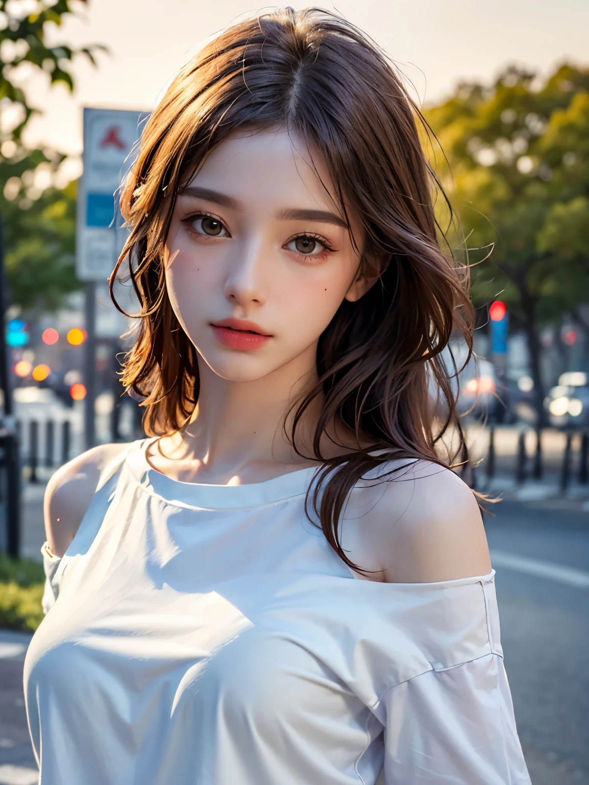 oversized white shirt, Long Hair, highest quality, masterpiece, Ultra-high resolution, (Realistic:1.4), RAW Photos, One Girl, Off the shoulder, In the Dark, Deep Shadow, Moderate, Golden Ratio, roadside,walk, 20-year-old,Cute Face, chest, (head shot:1.5)