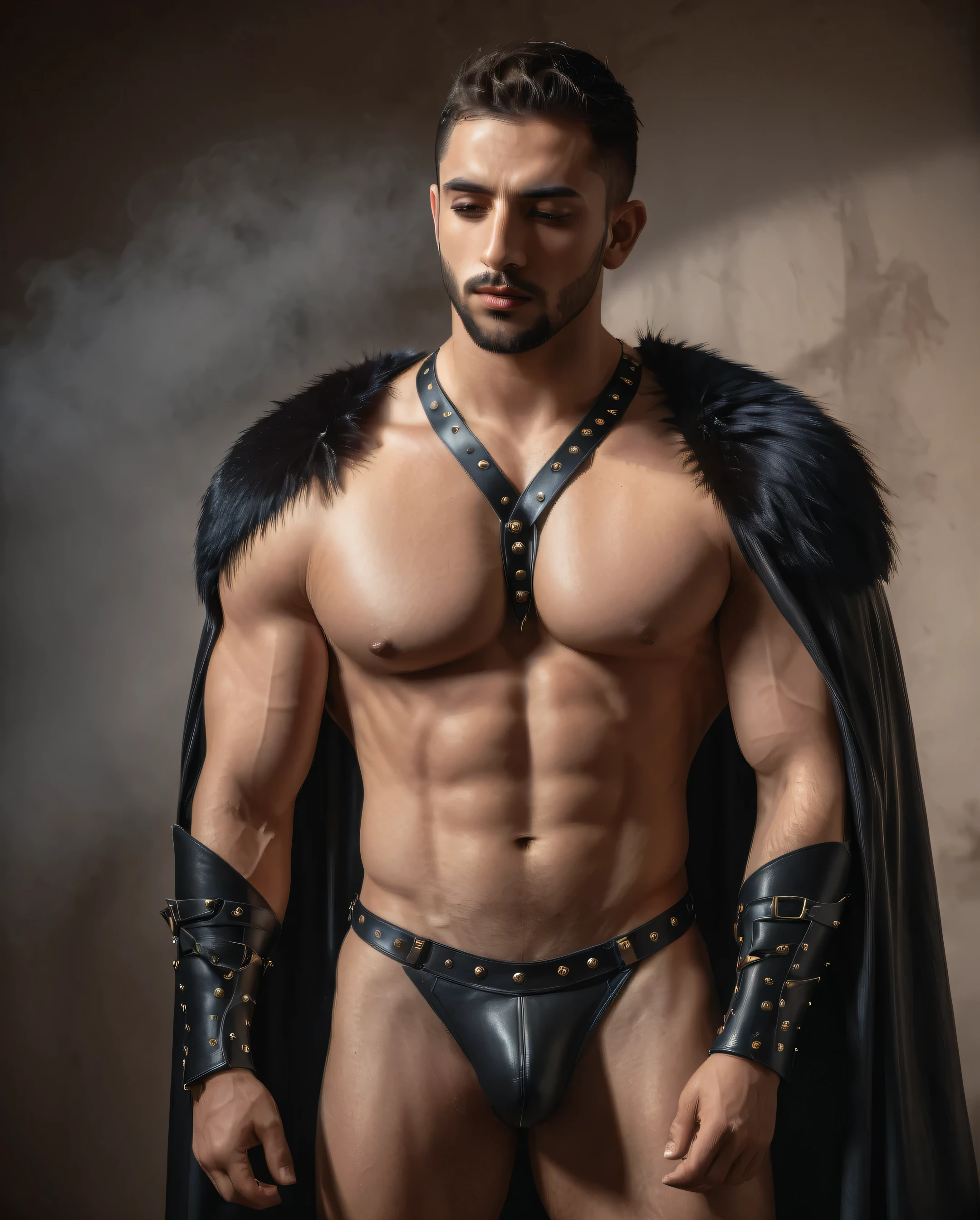 muscular shirtless arabian men, leather harness, briefs, embracing, kissing, dark room, black fur cape, crown, (best quality,4k,8k,highres,masterpiece:1.2),ultra-detailed,(realistic,photorealistic,photo-realistic:1.37), dramatic lighting, chiaroscuro, dramatic shadows, moody, sensual, intimate, passionate