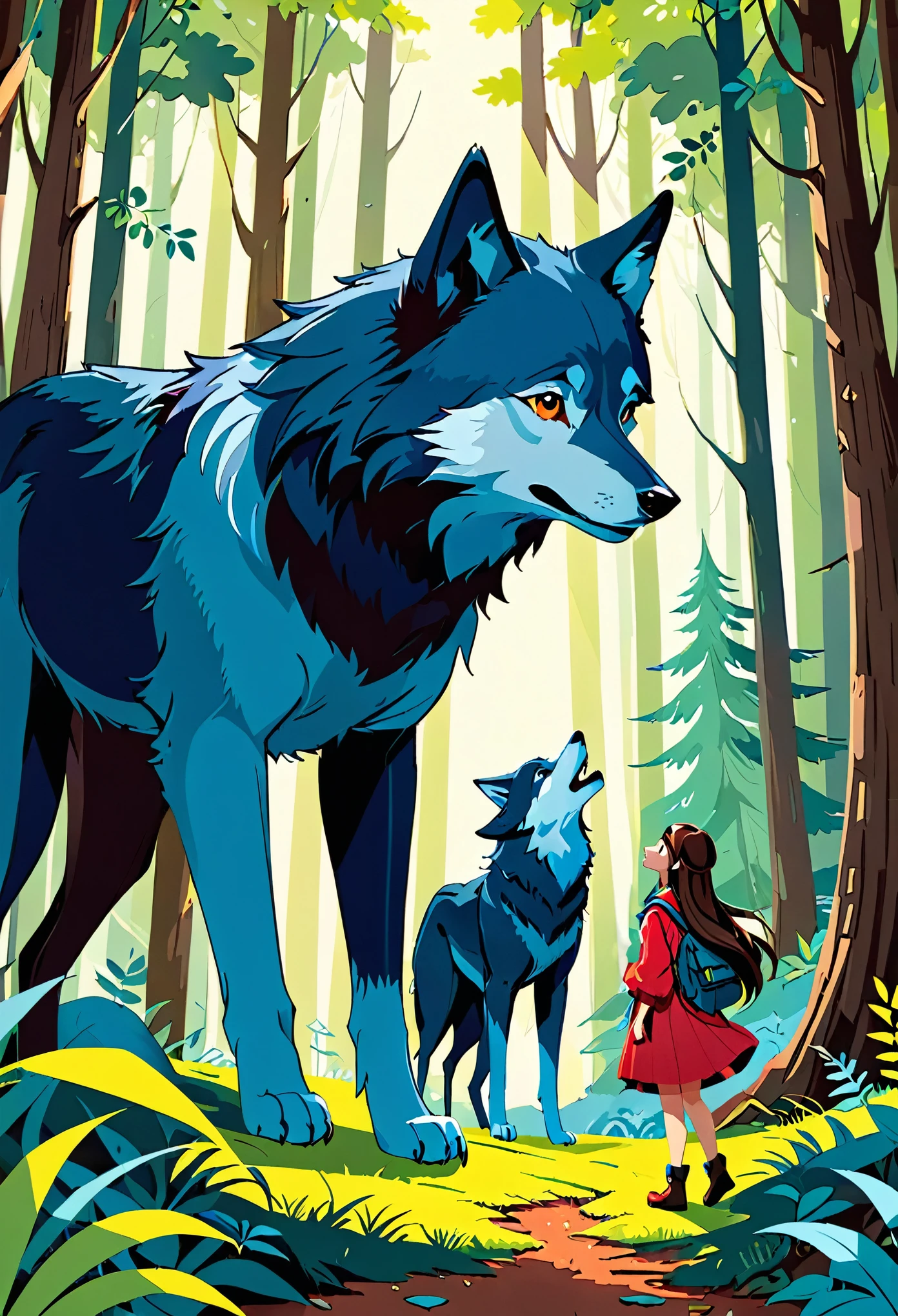 cover page, A girl and a wolf meet in the forest, flat Design, vector illustrations, graphic illustration, detailed 2d illustration, flat illustration, digital illustration, digital artwork,