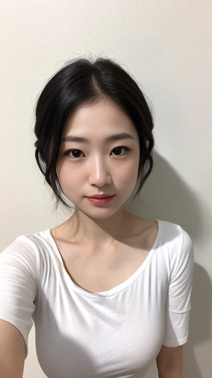 high quality,masterpiece,Ultra-high resolution,(Realistic:1.4),Beautiful lighting, (Highly detailed CG Unity 8k wallpaper), Beautiful face in every detail,Detailed clothing, 50mm portrait photography, No background、One Girl,Big black eyes, cute, young, Pause, Facial Lighting, Physically Based Rendering,Written boundary depth , Black Hair, (Short bun hair), ((Take from above)), Japanese women、20-year-old、T-Shirts、(Big Breasts)、(Upper Body)、Beautiful young woman taking a selfie, Taken with iPhone camera、In front of a white wall