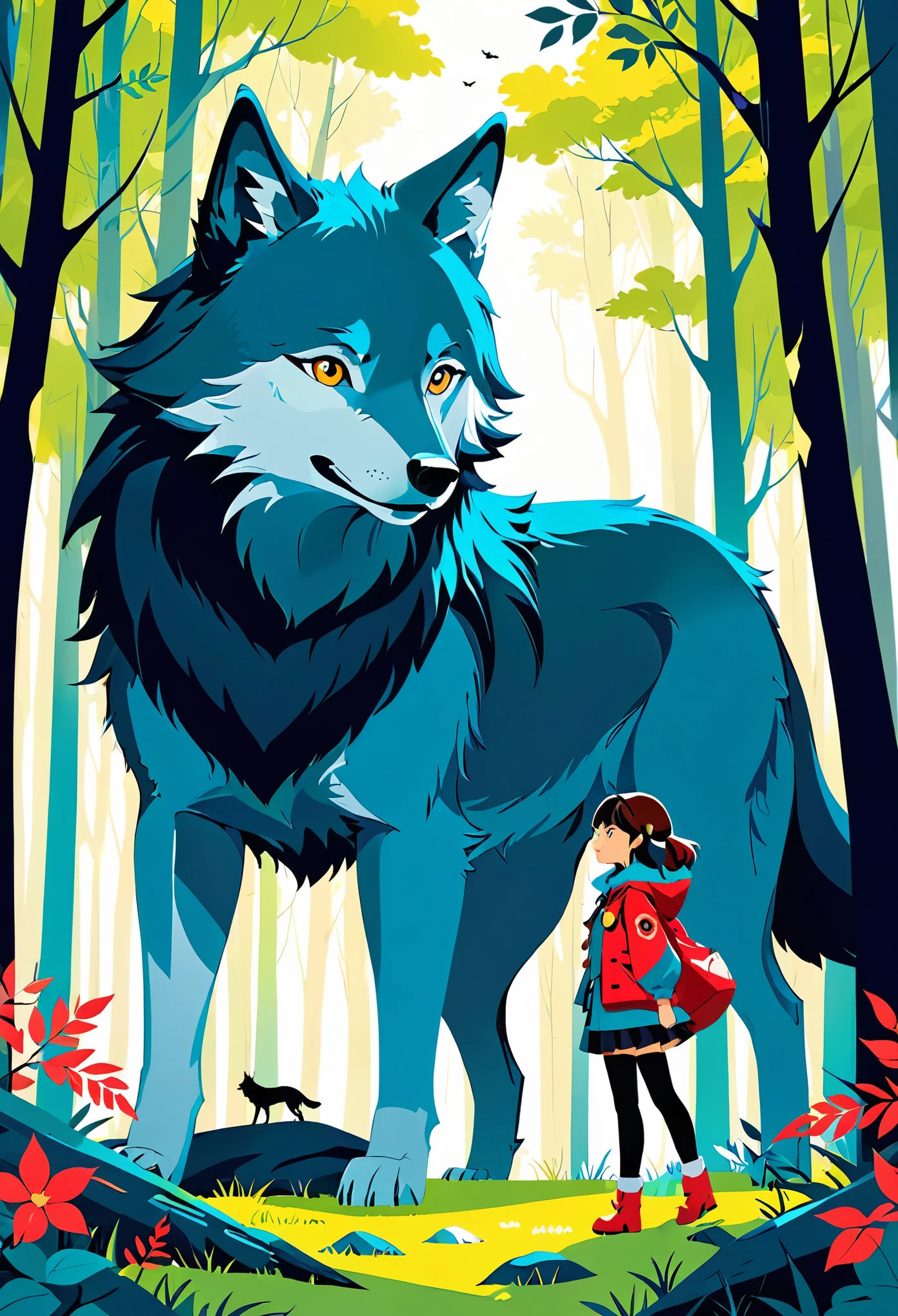 cover page, A girl and a wolf meet in the forest, flat Design, vector illustrations, graphic illustration, detailed 2d illustration, flat illustration, digital illustration, digital artwork,