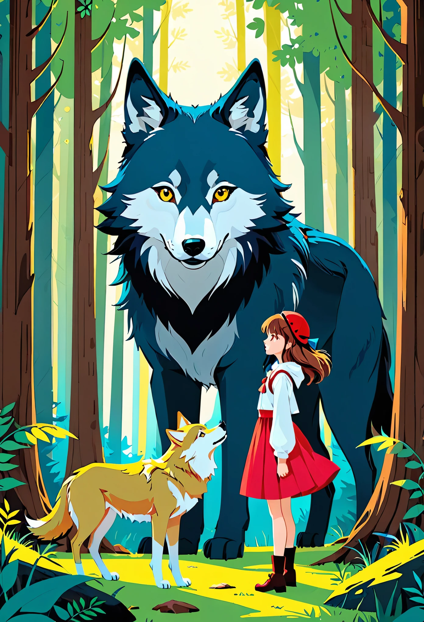 cover page, A girl and a wolf meet in the forest, flat Design, vector illustrations, graphic illustration, detailed 2d illustration, flat illustration, digital illustration, digital artwork,