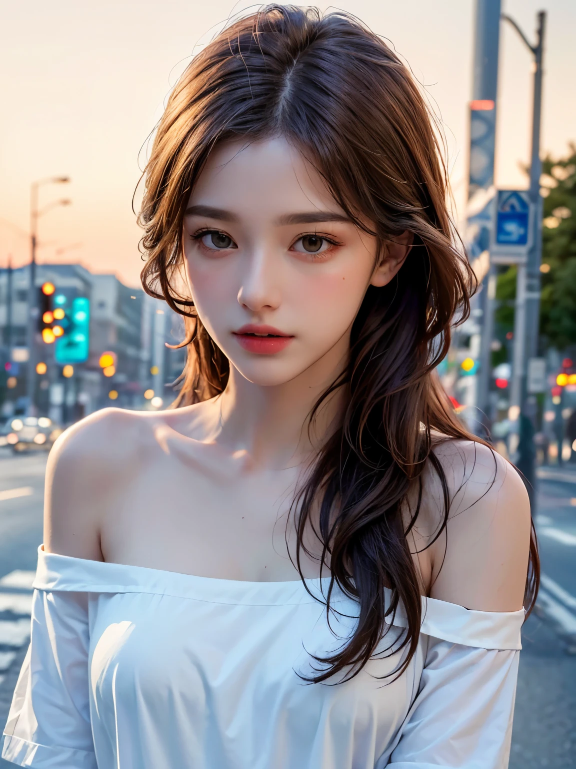 oversized white shirt, Long Hair, highest quality, masterpiece, Ultra-high resolution, (Realistic:1.4), RAW Photos, One Girl, Off the shoulder, In the Dark, Deep Shadow, Moderate, Golden Ratio, roadside,walk, 20-year-old,Cute Face, chest, (head shot:1.5)