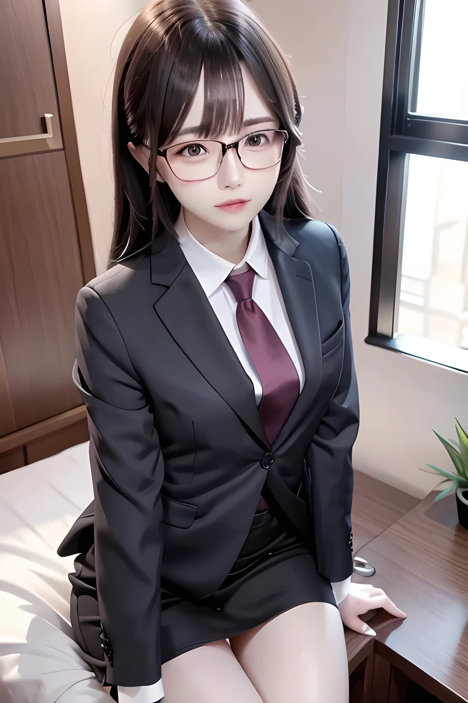 A woman in a suit wearing glasses