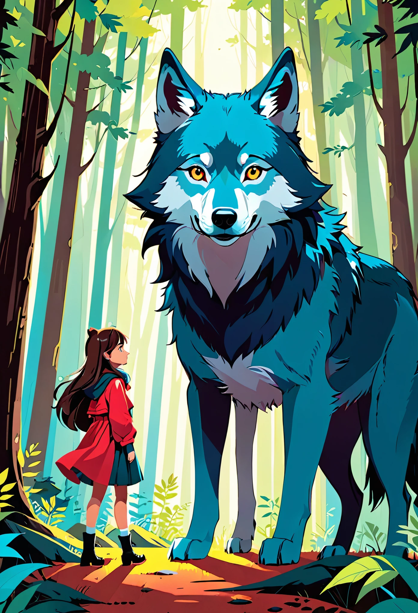 cover page, A girl and a wolf meet in the forest, flat Design, vector illustrations, graphic illustration, detailed 2d illustration, flat illustration, digital illustration, digital artwork,