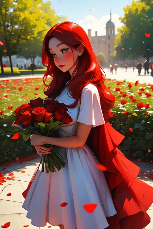 A pretty red haired woman with red eyes and an hourglass figure in a pretty summer dress is blushing with a bouquet of roses in her hands in a flurry of rose petals in the park