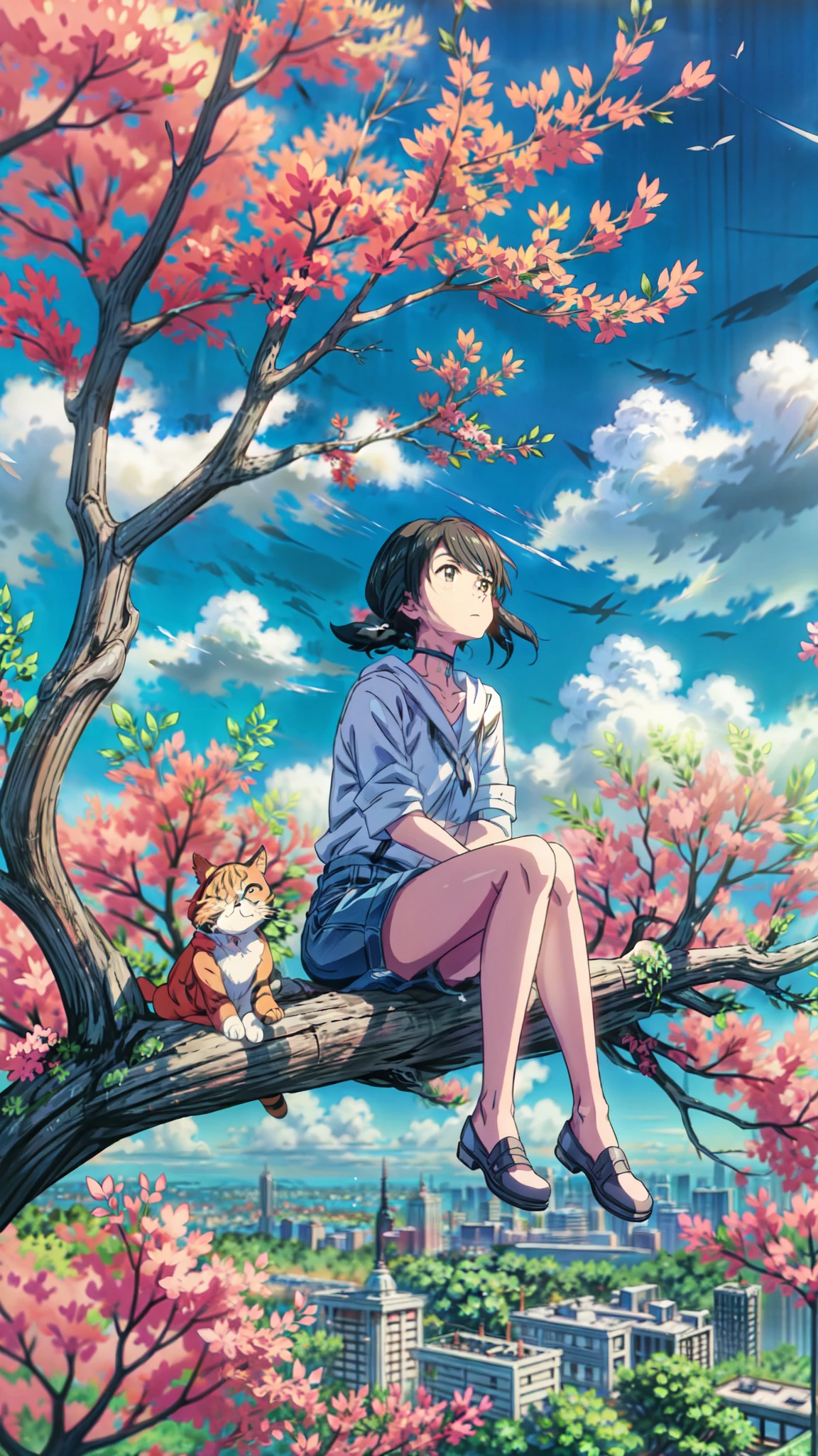 a woman sitting on top of a tree next to a cat, makoto shinkai and artgerm, makoto shinkai ( apex legends ), matoko shinkai, very beautiful anime cat girl, anime still image, sakimichan and makoto shinkai, anime visual of a cute cat, fiona staples and makoto shinkai