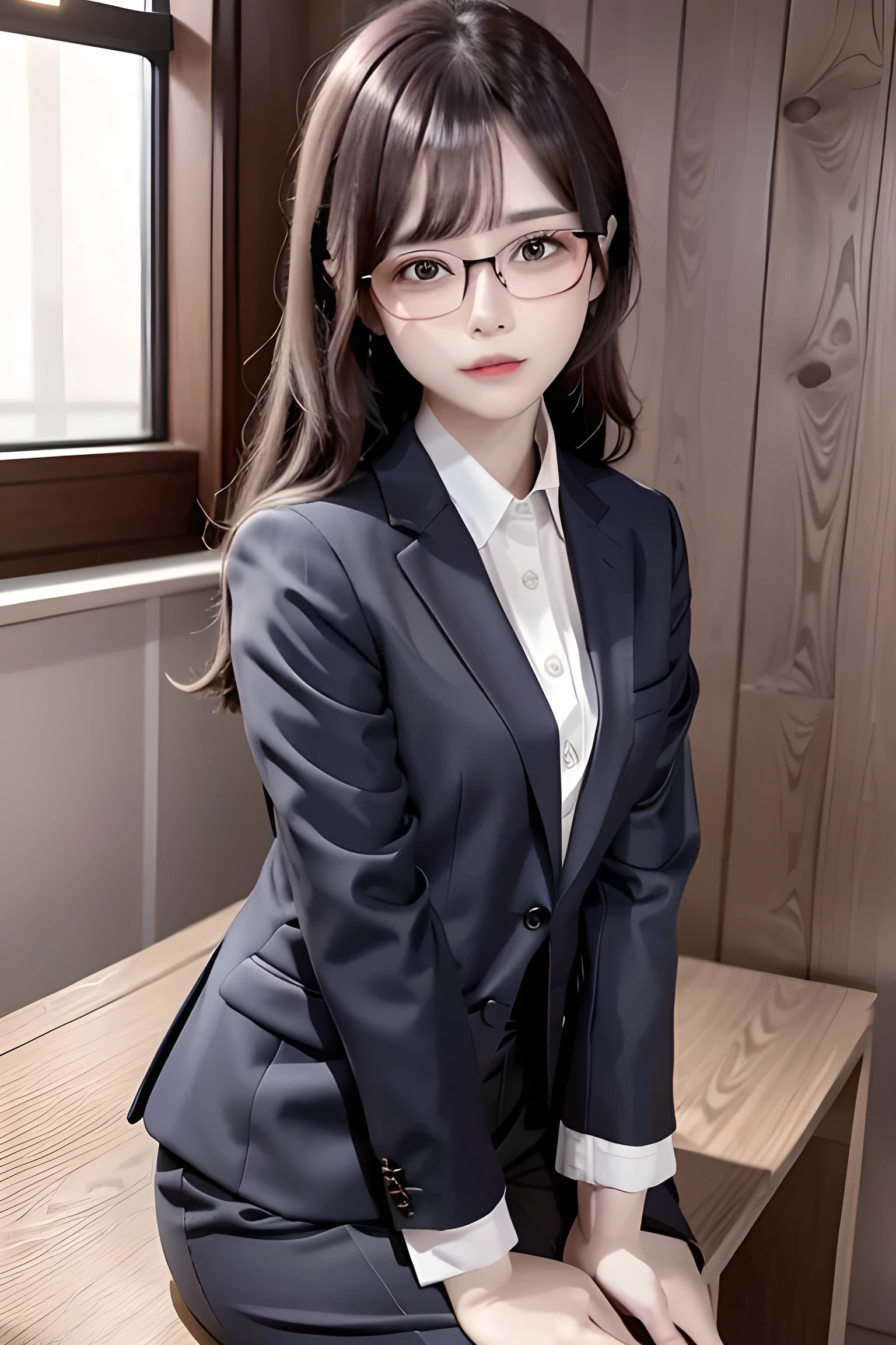 A woman in a suit wearing glasses