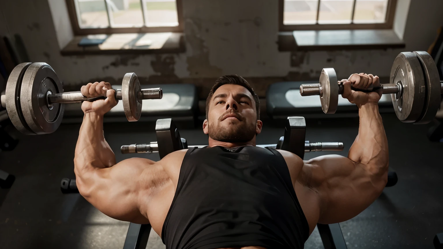An image of a muscular man performing a weight training exercise called Crucifix with dumbbells on the incline bench