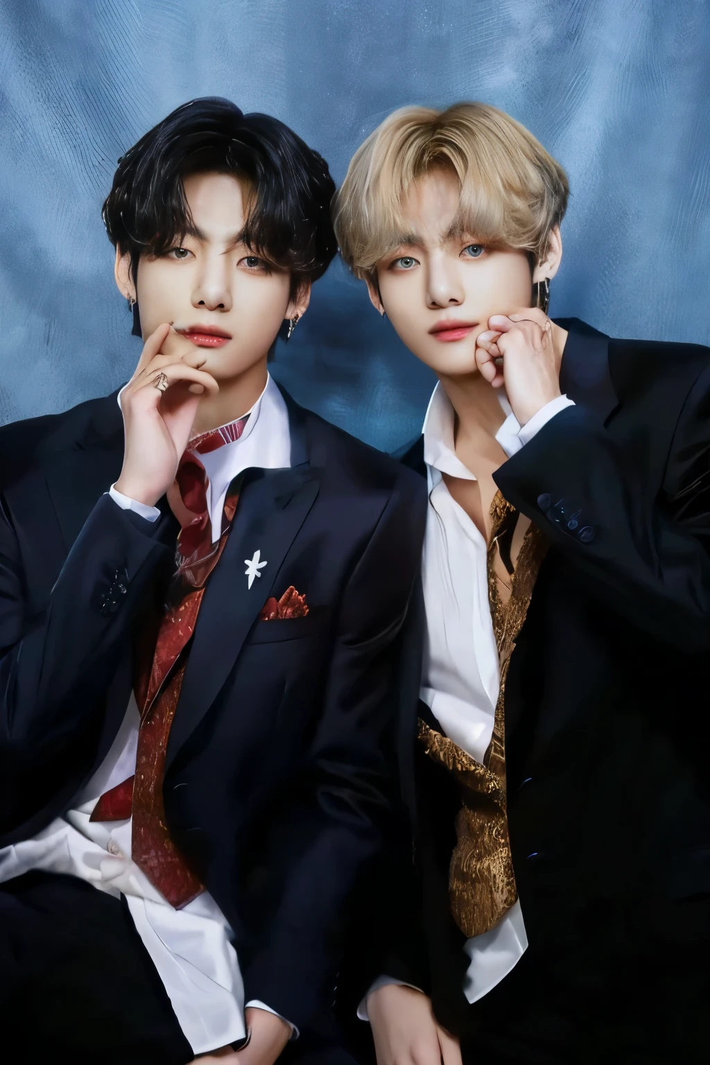 two young men in suits and ties posing for a picture, jeon jungkook and kim taehyung