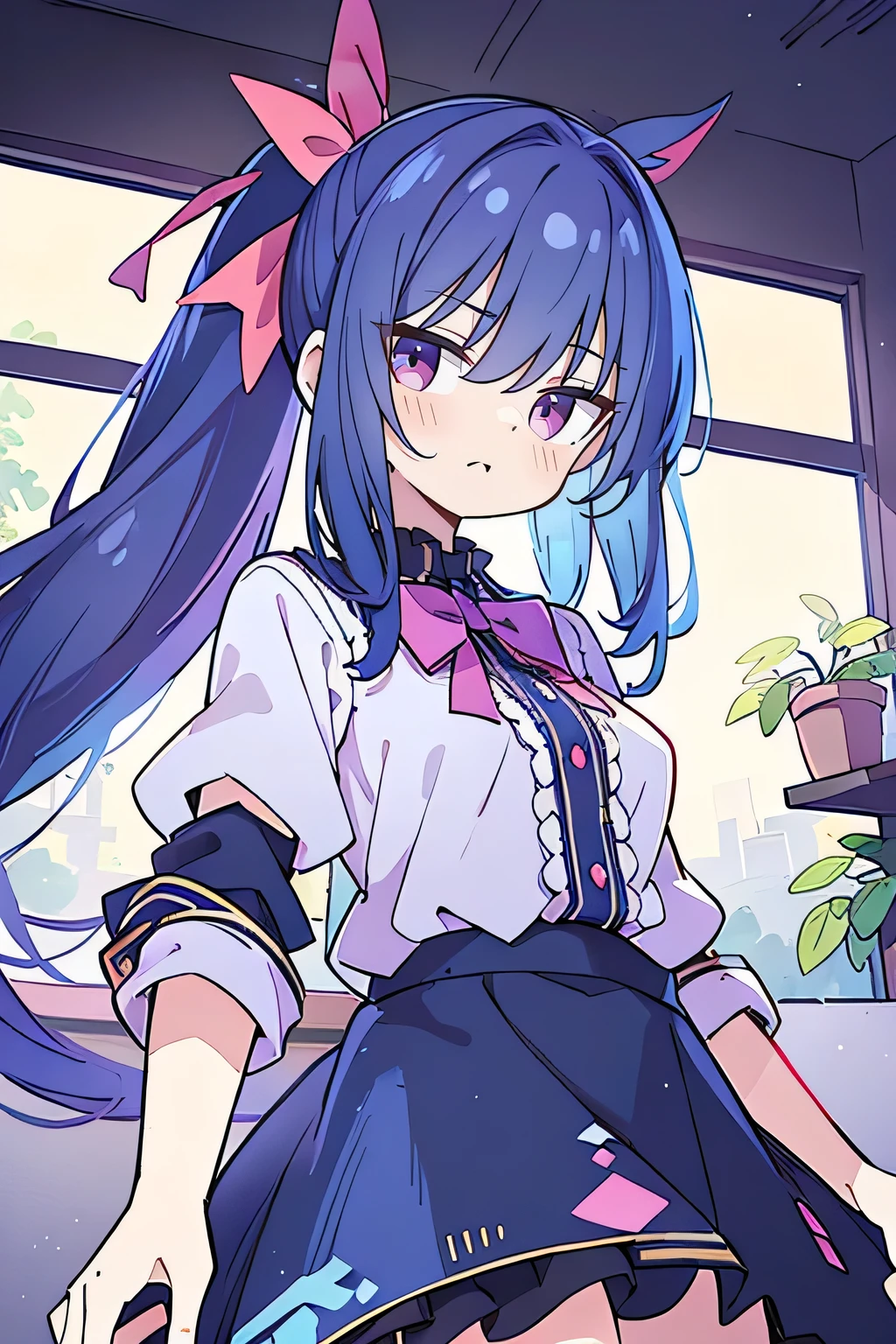 (Best Quality: 1.3), (Masterpiece: 1.3), (Illustration: 1.3), (Ultra Detailed: 1.3), (Imide Lens: 0.9), 1girl, Medium Breasts, Purple Eyes, ((Dark Blue Hair) ), hair accessories, young, clothing-gladiia, long hair, dark blue hair, indoors, black shorts, high socks, low ponytail, expressionless, upper body, close-up, coat, skirt,