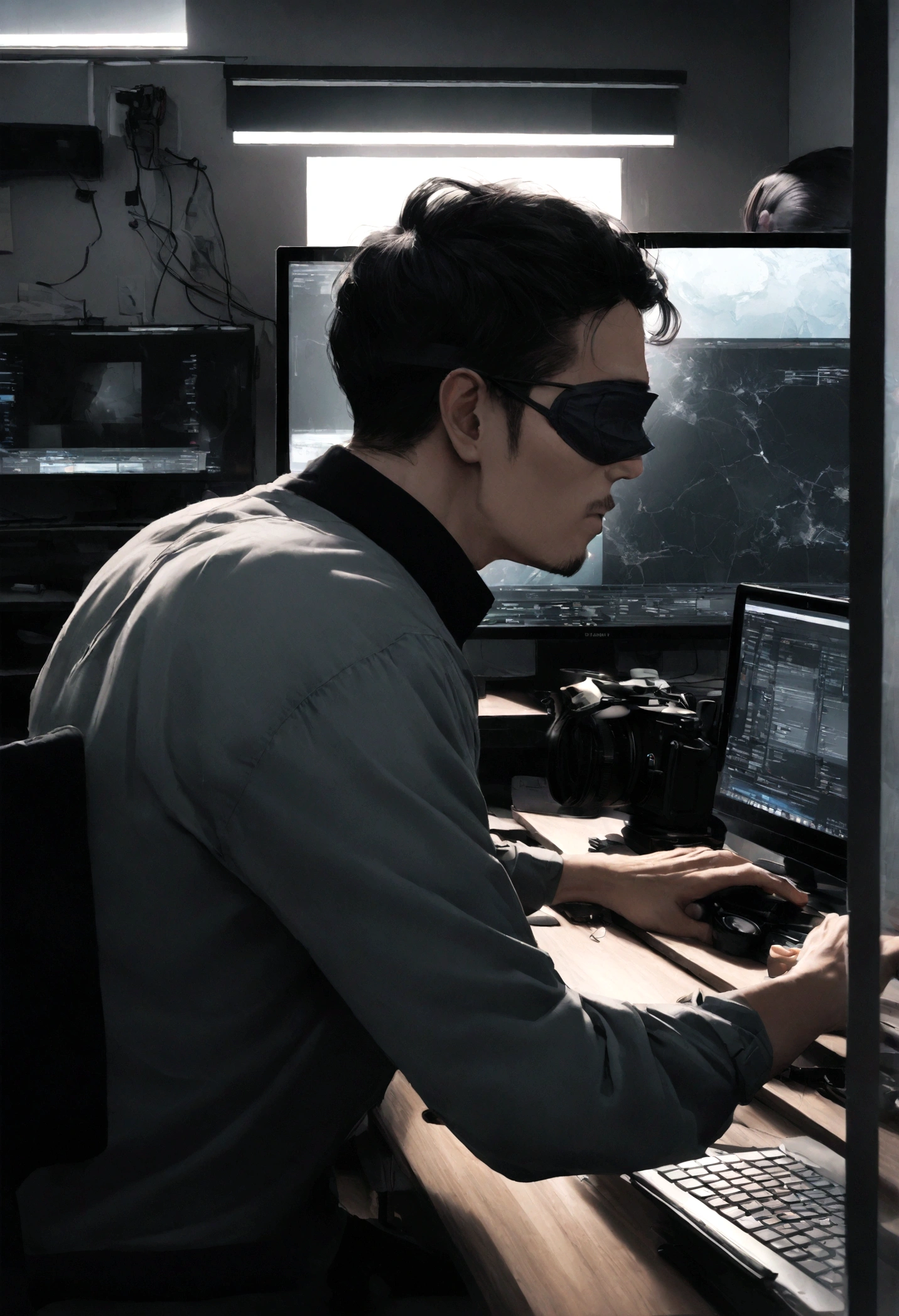 A realistic image of a serious Japanese man wearing a mask, looking directly at the built-in camera of his computer. The man has short black hair and is dressed in casual attire. He is sitting at a clean, tidy desk in a modern, spacious hotel room with stylish decor and large windows. The photo appears to be taken from the computer’s internal camera, showing the man’s face facing forward towards the camera while he is using the computer for FX trading. The background includes multiple monitors displaying trading charts and a professional trading setup, giving a sophisticated and focused atmosphere.