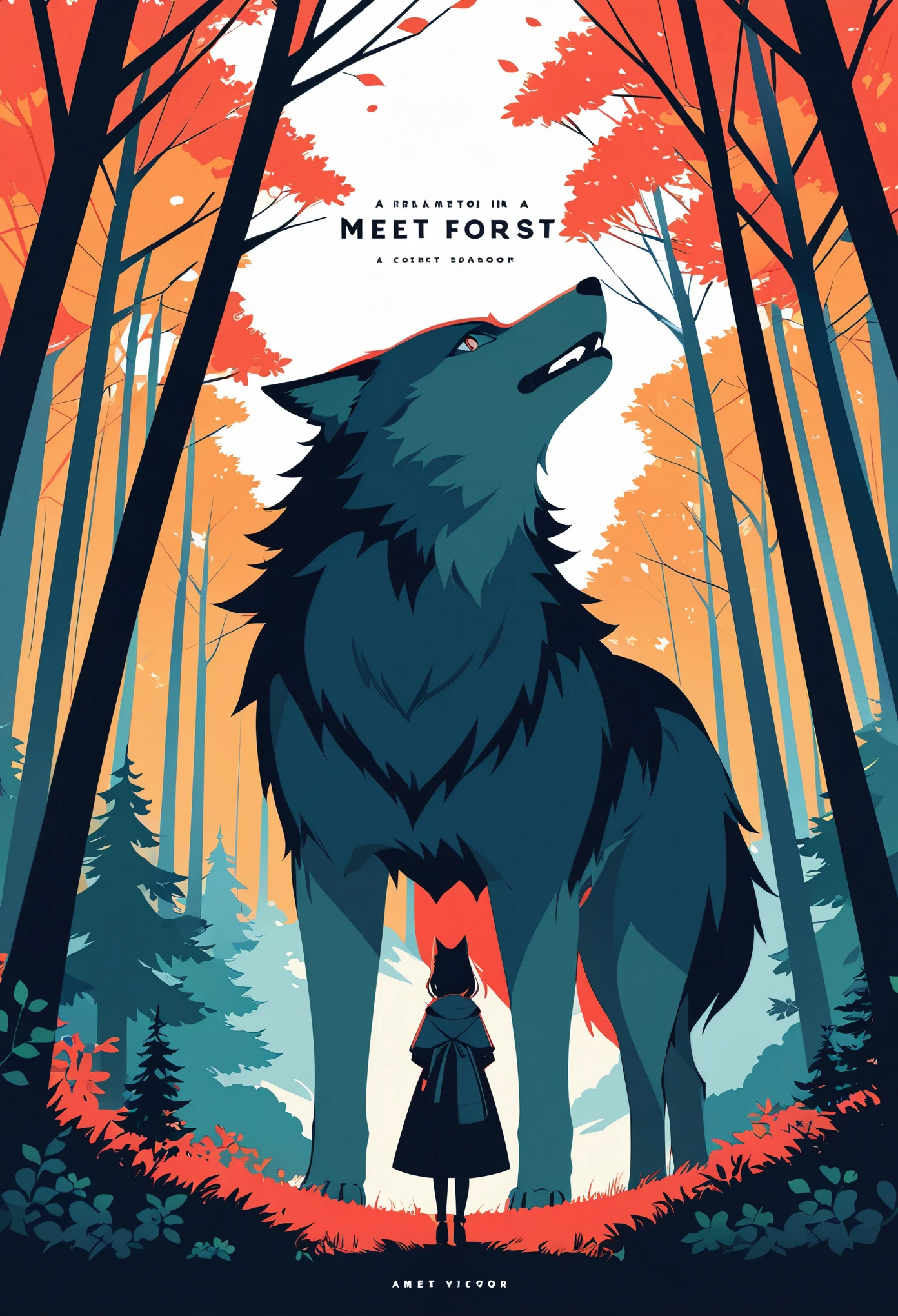 cover page, A girl and a wolf meet in the forest, flat Design, vector illustrations, graphic illustration, detailed 2d illustration, flat illustration, digital illustration, digital artwork,