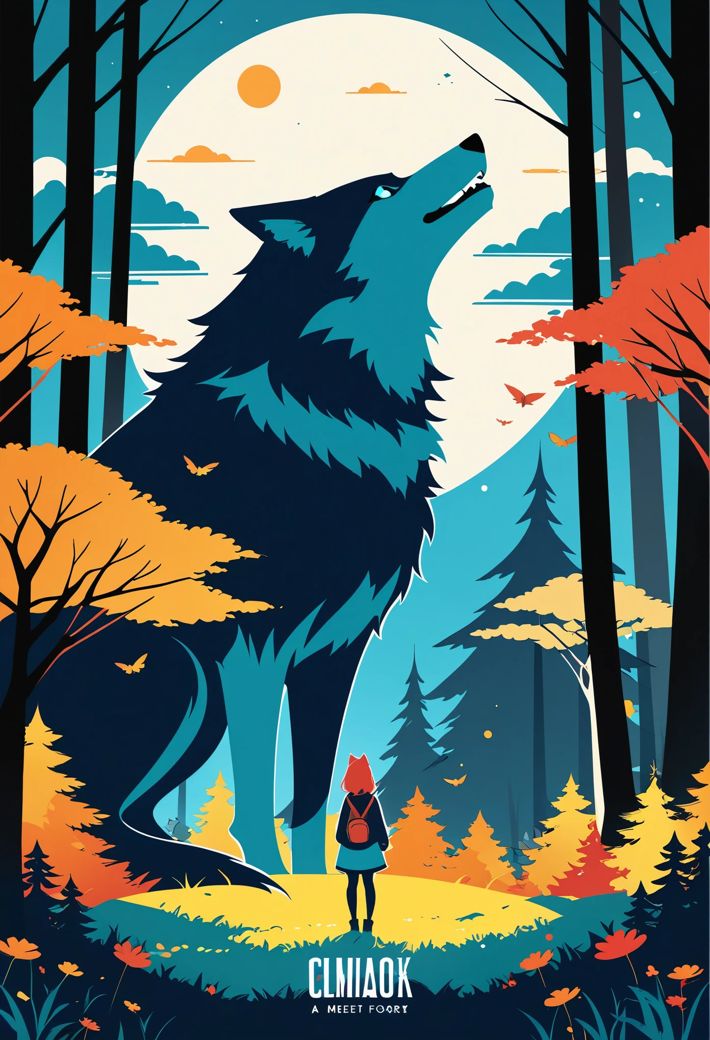 cover page, A girl and a wolf meet in the forest, flat Design, vector illustrations, graphic illustration, detailed 2d illustration, flat illustration, digital illustration, digital artwork,