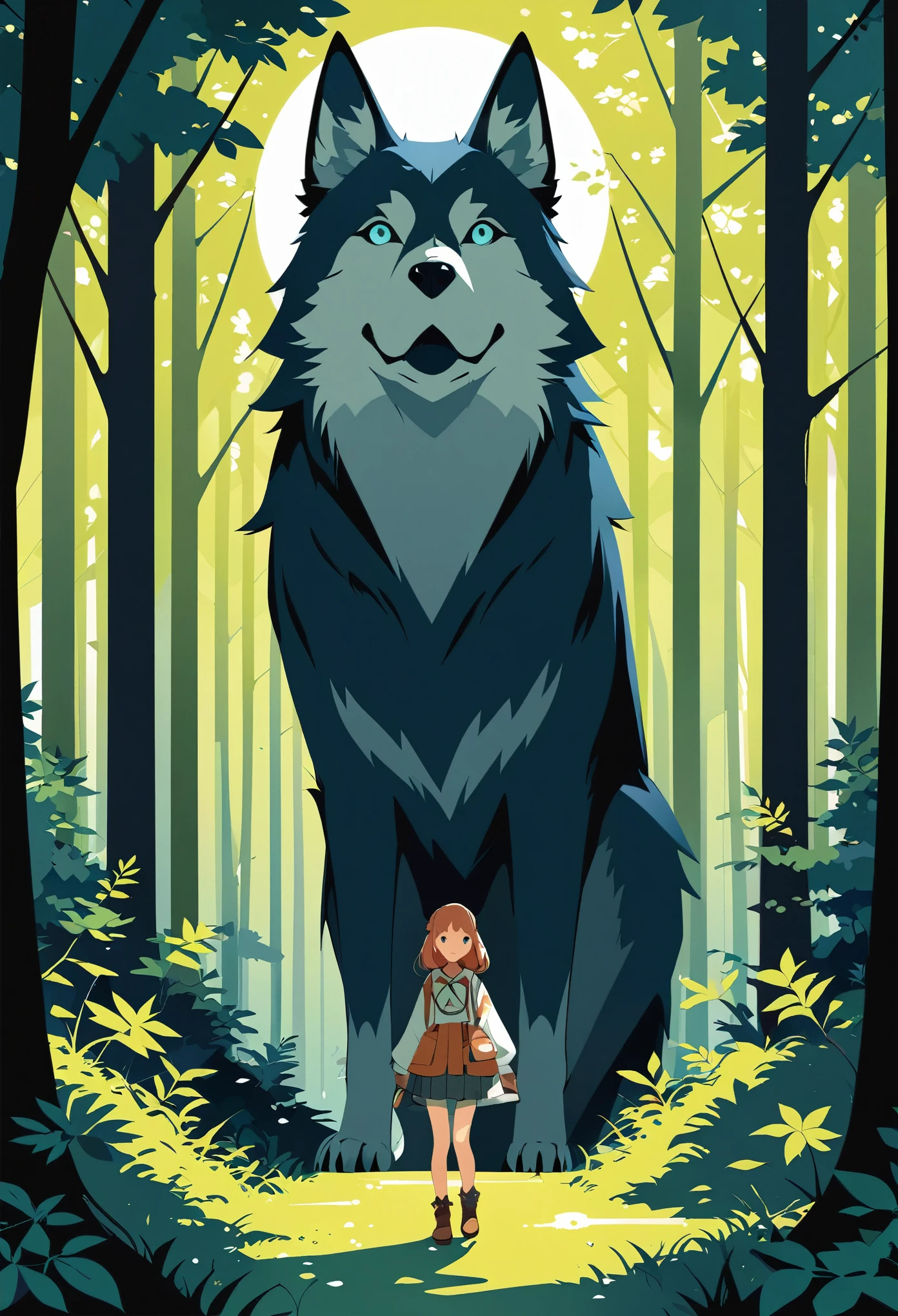 cover page, A girl and a wolf meet in the forest, flat Design, vector illustrations, graphic illustration, detailed 2d illustration, flat illustration, digital illustration, digital artwork,