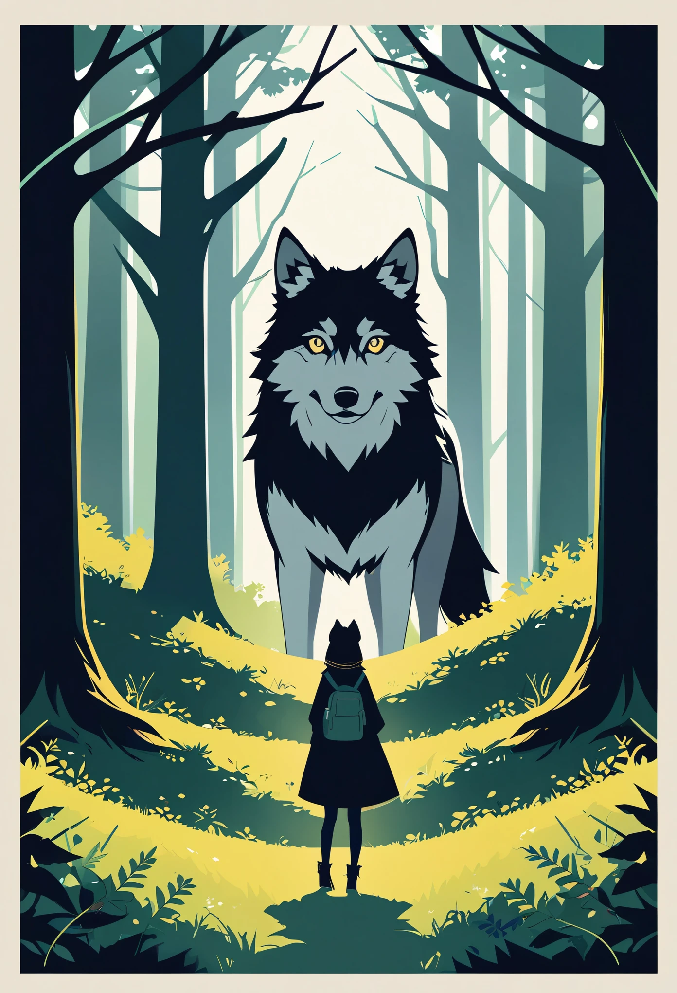 cover page, A girl and a wolf meet in the forest, flat Design, vector illustrations, graphic illustration, detailed 2d illustration, flat illustration, digital illustration, digital artwork,