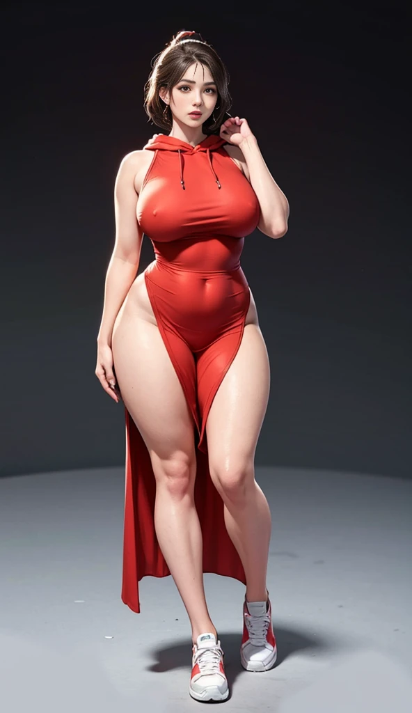 ((best quality)), ((masterpiece)), (detailed), perfect face, beautiful, mother-in-law, Asian-Indonesian , Agreeable, Transparent midi dress with hood , In the black room, fascinating expression, Chubby body, nice body, milf chubby, Chinese-Indonesian. whole body, big arms, wide hips , Wear sneakers, Bob Hairstyle, baby face , Chubby cheeks, 45 years old, plump and tall woman, plump thighs