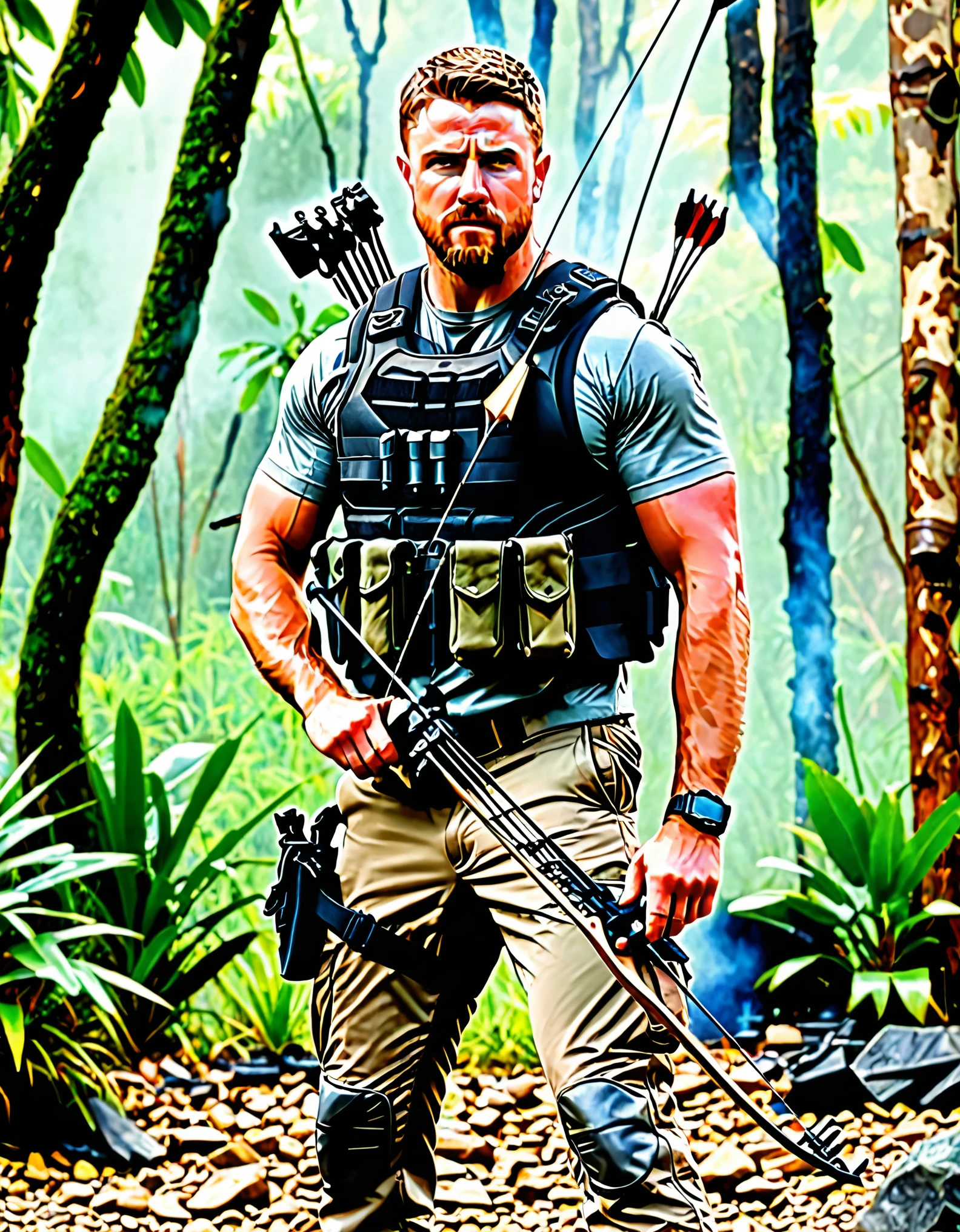 masterpiece, best quality, hires, 1man, boots, canadian male, full body, standing, weapon, ((holding weapon, compound bow \(weapon\), arrow \(projectile\), holding arrow, drawing bow, archery)), knee pads, male focus, military, military uniform, pouch, reddish-brown hair, facial hair, solo, standing, assault vest, drop-down pistol holster, jungle background, battle, tanks, explosions, gritty war-torn atmosphere, black ops, (stephen amell:0.5)