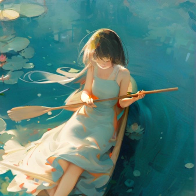 oil painting style,With a paddle in hand，perfect fingers