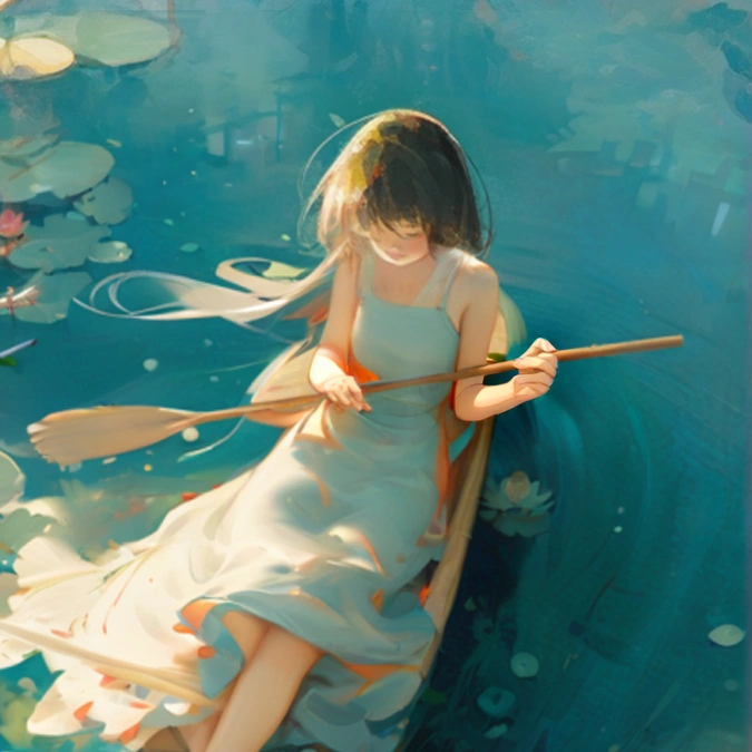 oil painting style,With a paddle in hand，perfect fingers