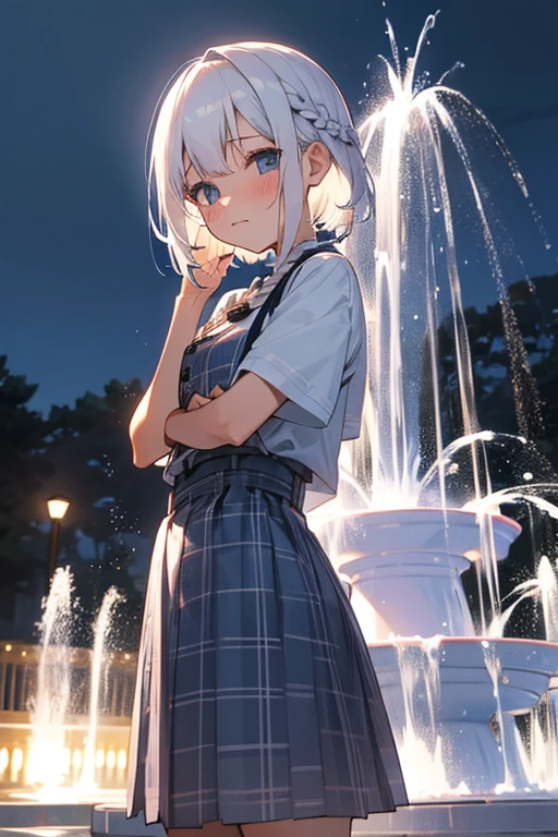 Short white hair, blush, Navy and white checked outfit、Braiding、Fountain in the background、Save a face image、night、